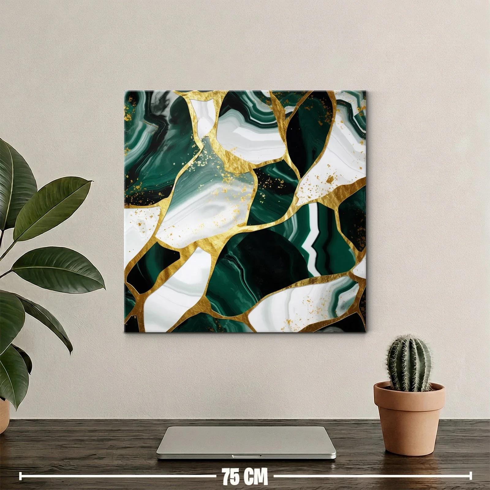 Cuadro abstracto con vetas verdes y detalles dorados — miniatura 2