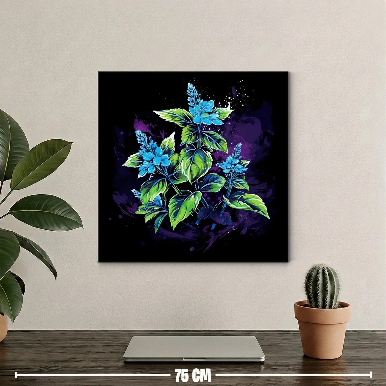 Cuadro con flores azules y hojas verdes sobre fondo oscuro — miniatura 2