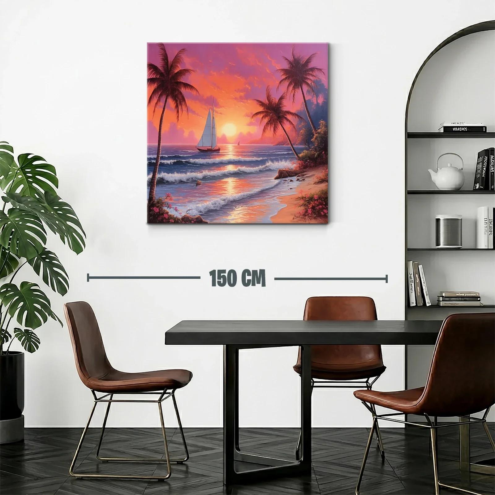 Atardecer tropical con velero y palmeras en la playa — miniatura 2