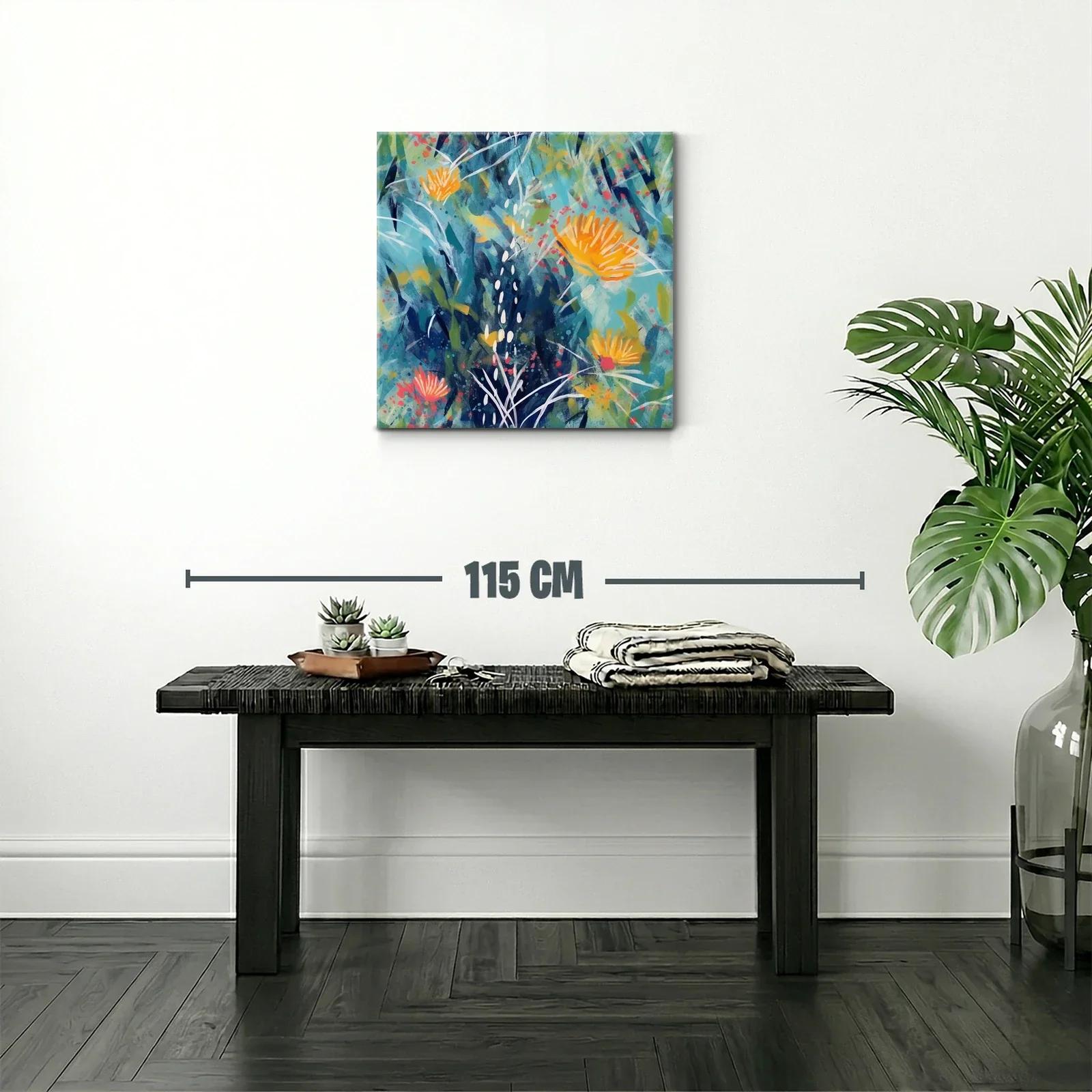 Cuadro abstracto floral en tonos azules y naranjas vivos — miniatura 2