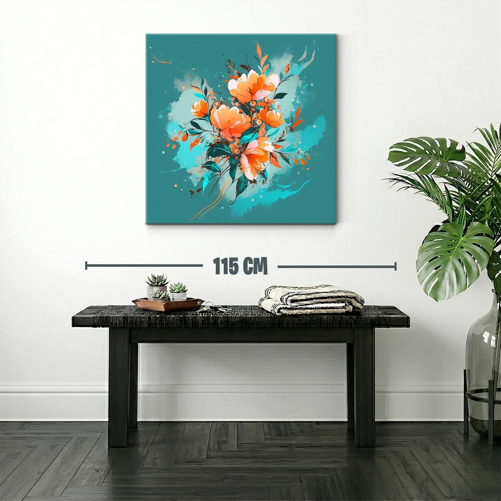 Cuadro Floral con tonos cálidos y fondo turquesa vibrante — miniatura 2