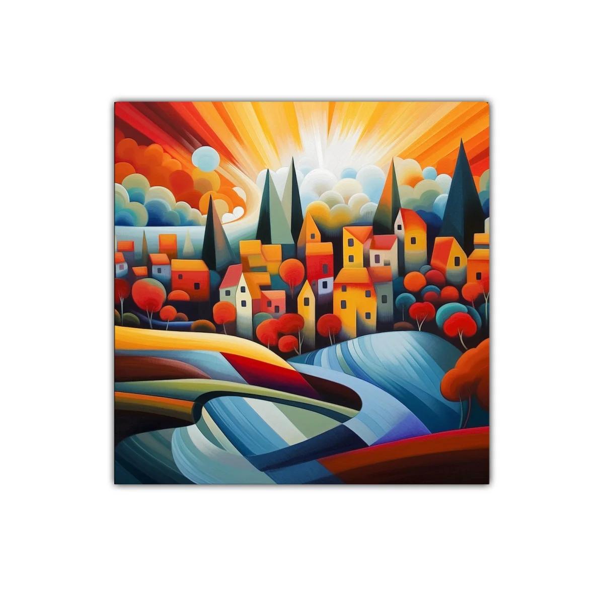Colorido paisaje urbano con casas y árboles en tonos vibrantes — miniatura 1