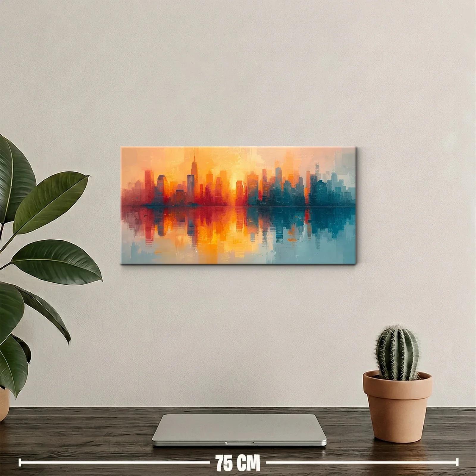 Cuadro skyline urbano reflejado en el agua con luz cálida — miniatura 2