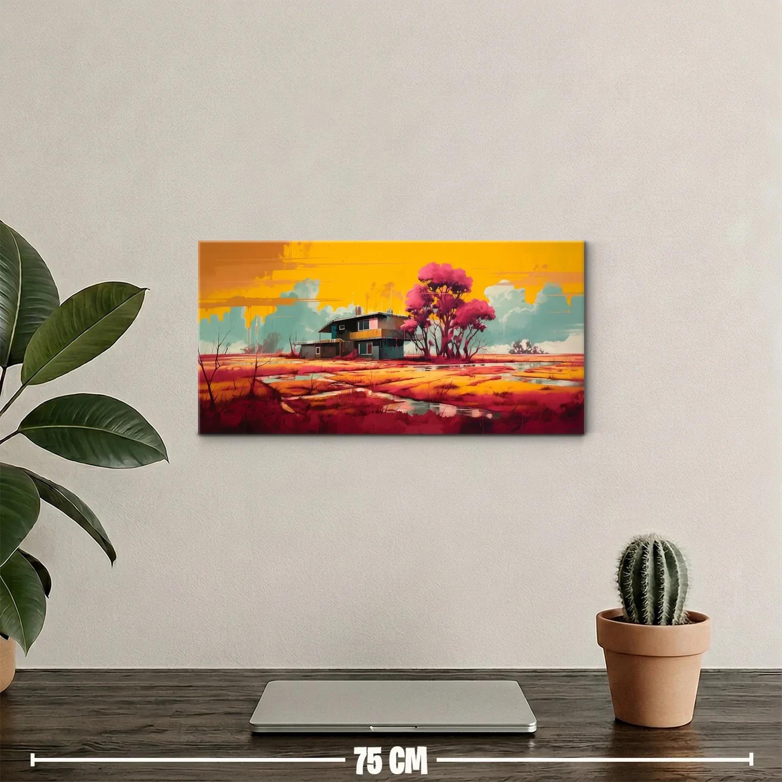 Cuadro casa de campo con árboles rosados y cielo dorado — miniatura 2