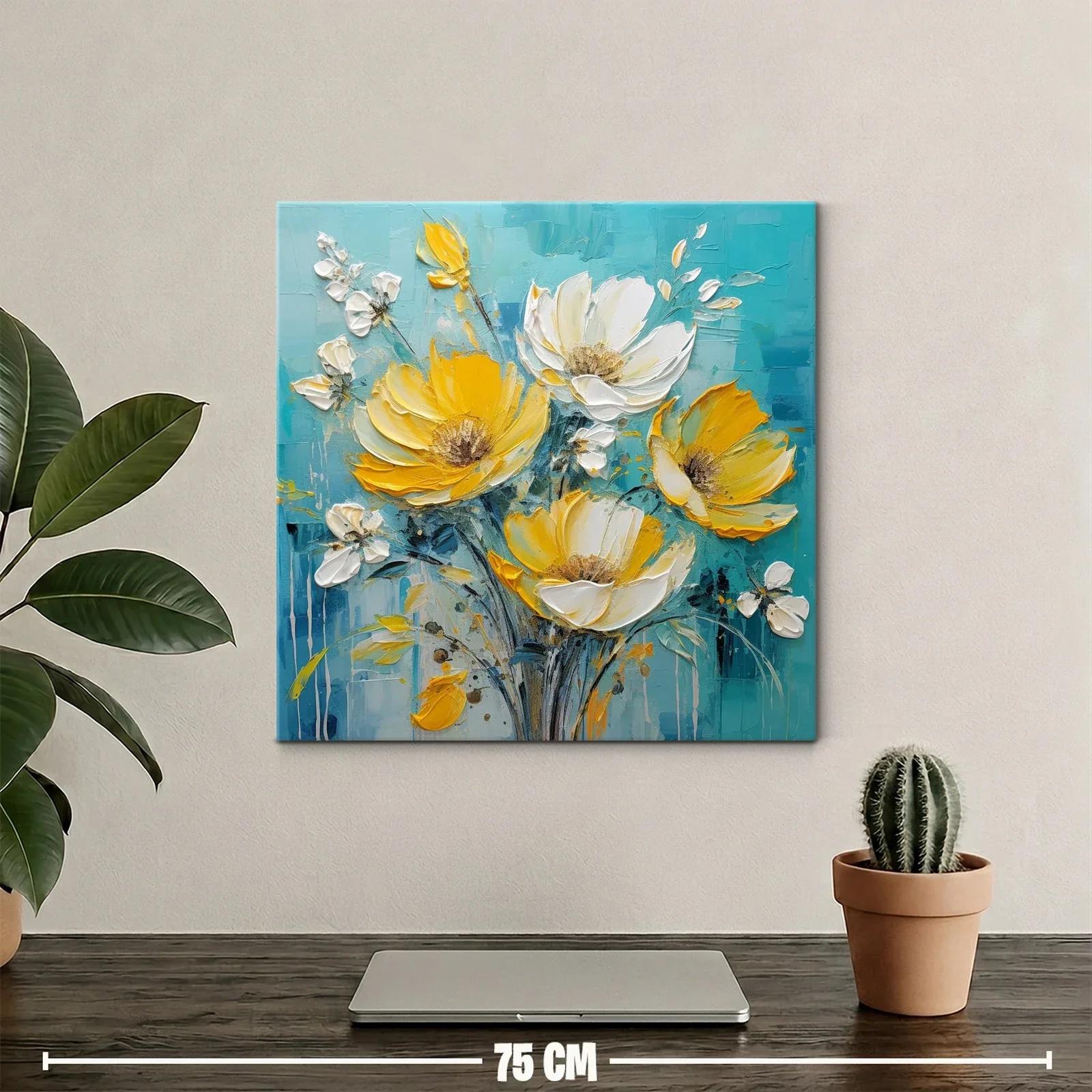 Ramo vibrante de flores amarillas y blancas sobre fondo azul — miniatura 2