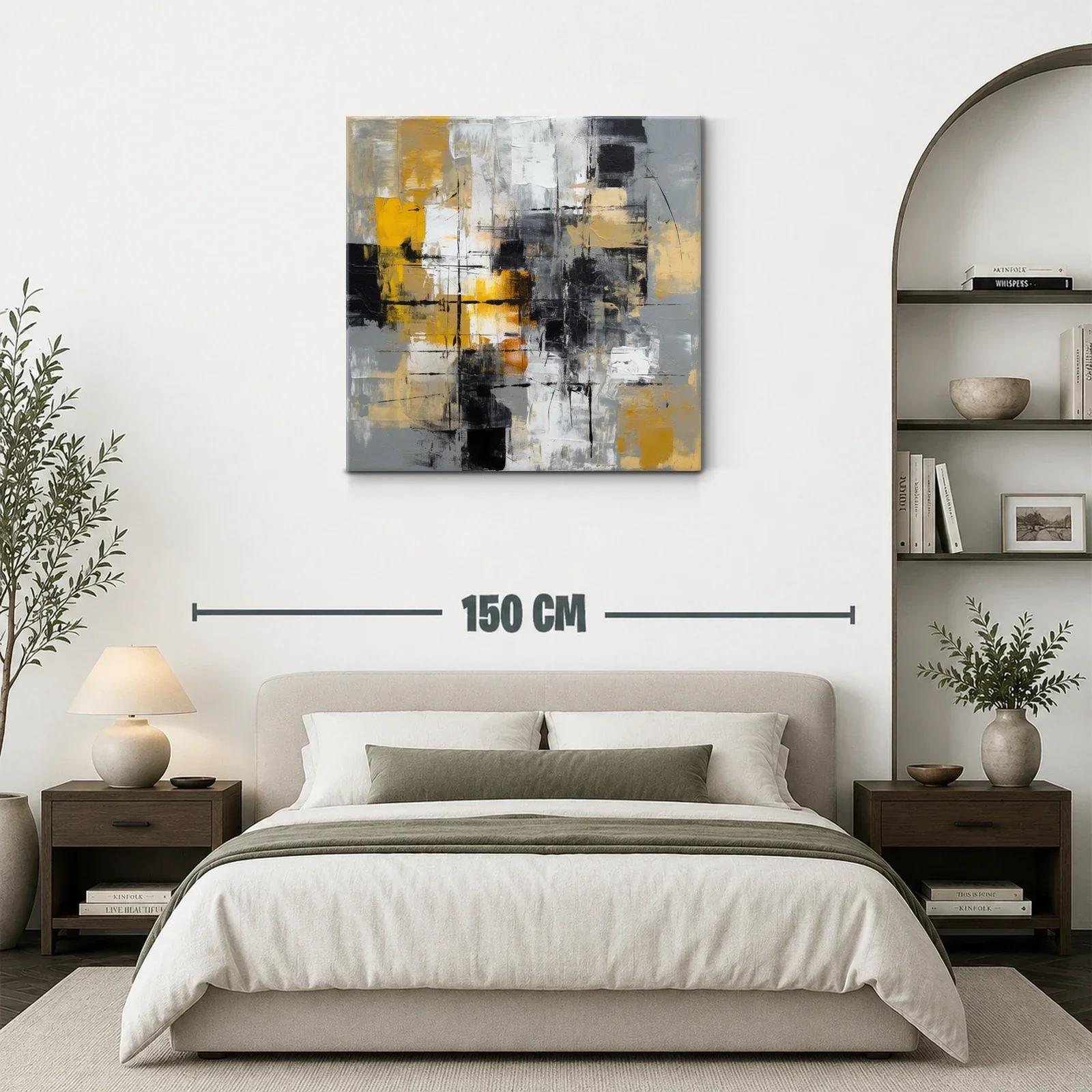 Cuadro abstracto con tonos dorados y acentos en negro y gris — miniatura 3