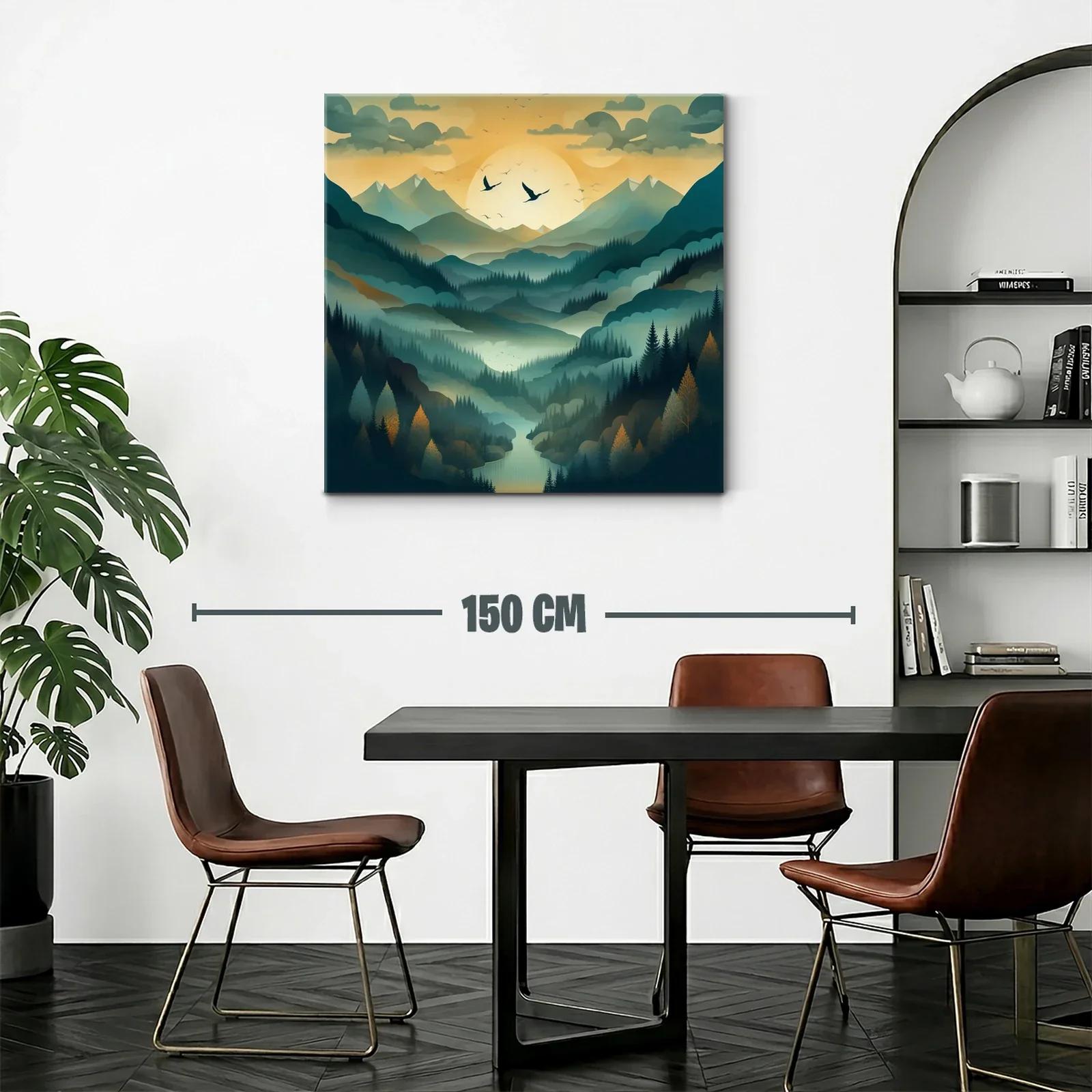 Paisaje de montañas con amanecer y vuelo de aves — miniatura 2