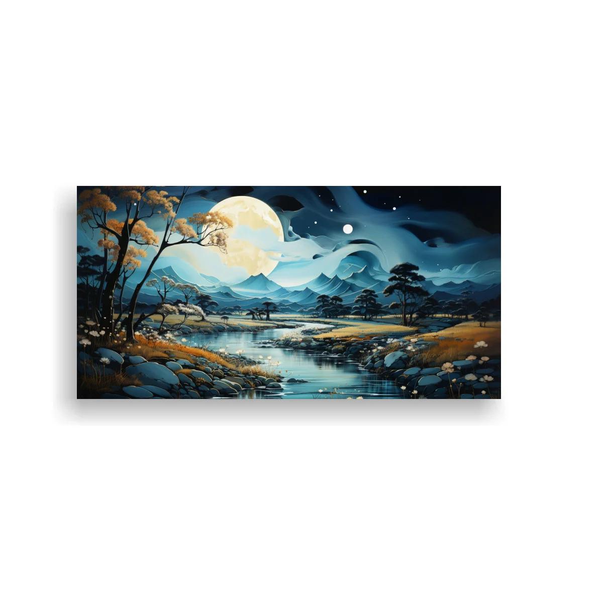 Cuadro paisaje nocturno con luna llena y río sereno — imagen principal