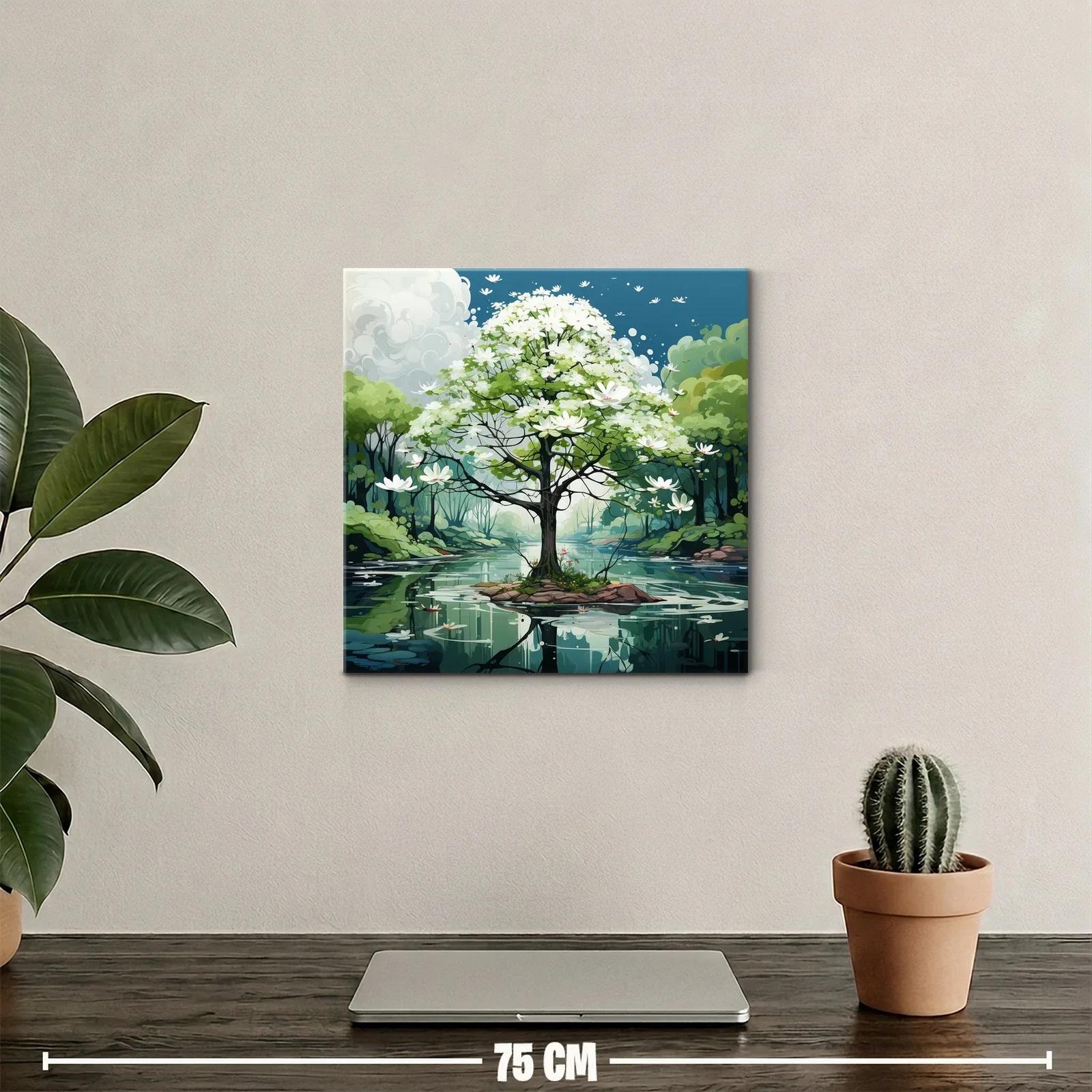 Árbol en flor sobre lago sereno con paisaje natural — miniatura 2