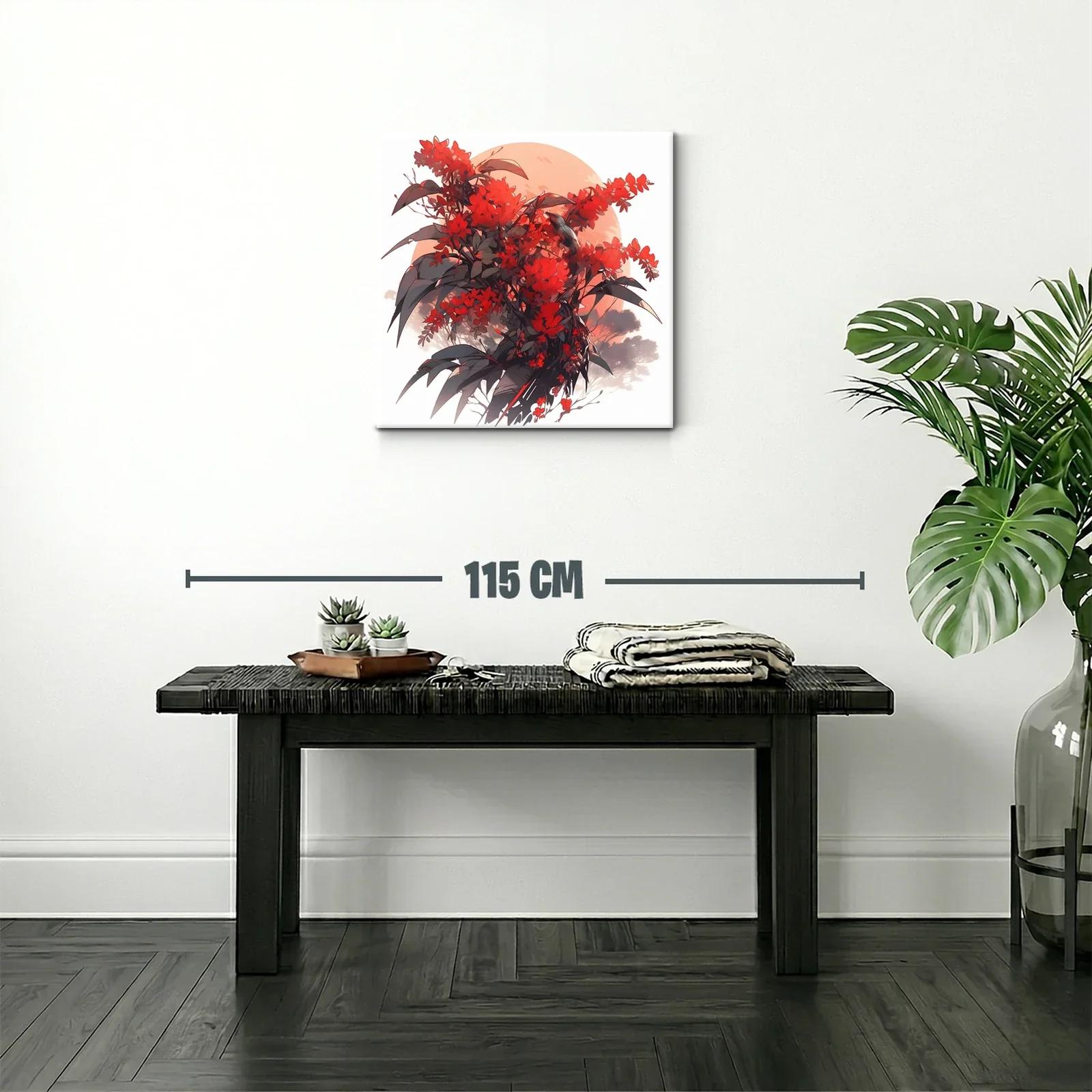 Cuadro floral con aves en tonos rojizos y contraste oscuro — miniatura 2