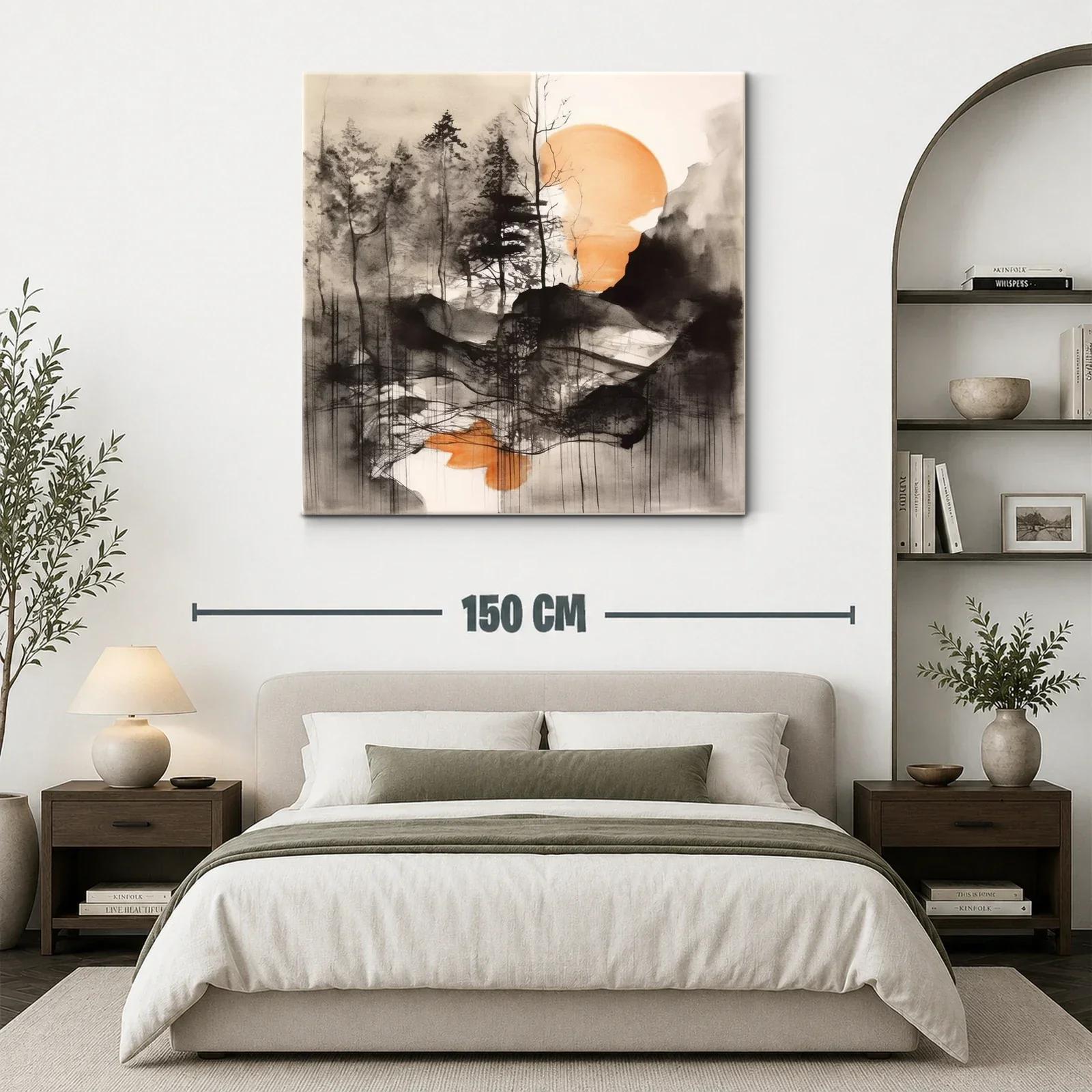 Paisaje abstracto con árboles y sol anaranjado al fondo — miniatura 3