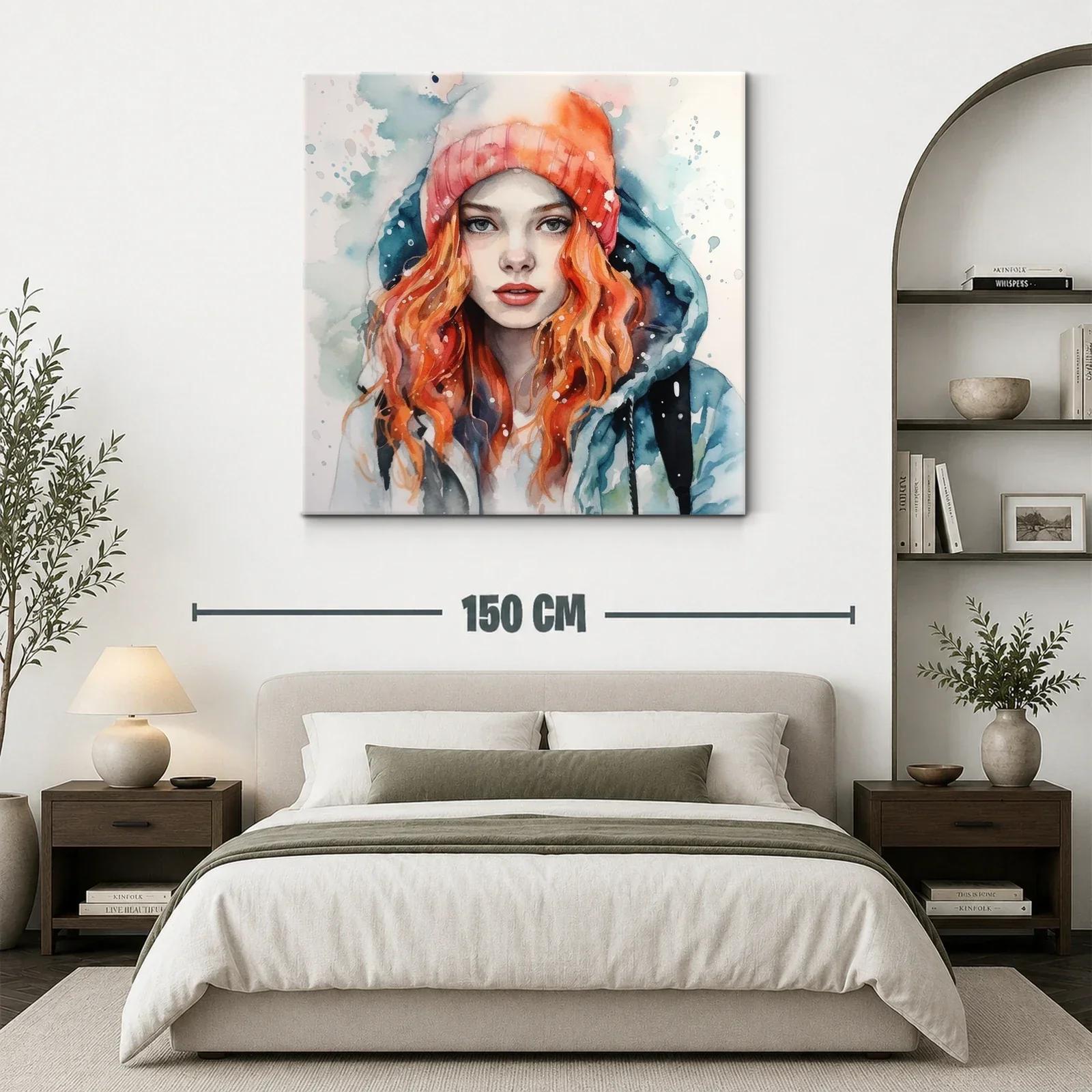 Retrato femenino con gorro y chaqueta en tonos fríos y cálidos — miniatura 3