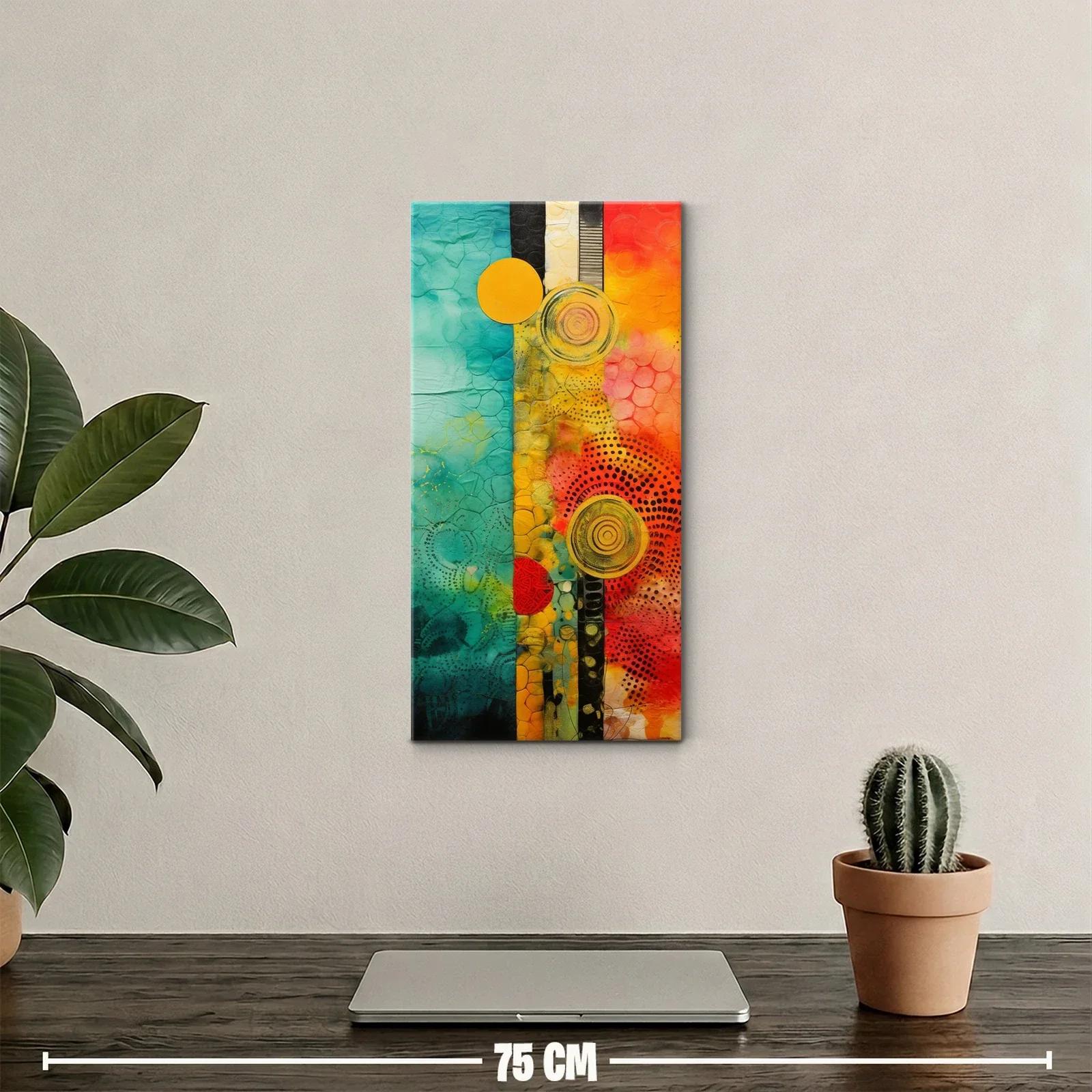 Cuadro abstracto geométrico con círculos y franjas turquesa y naranja — miniatura 2