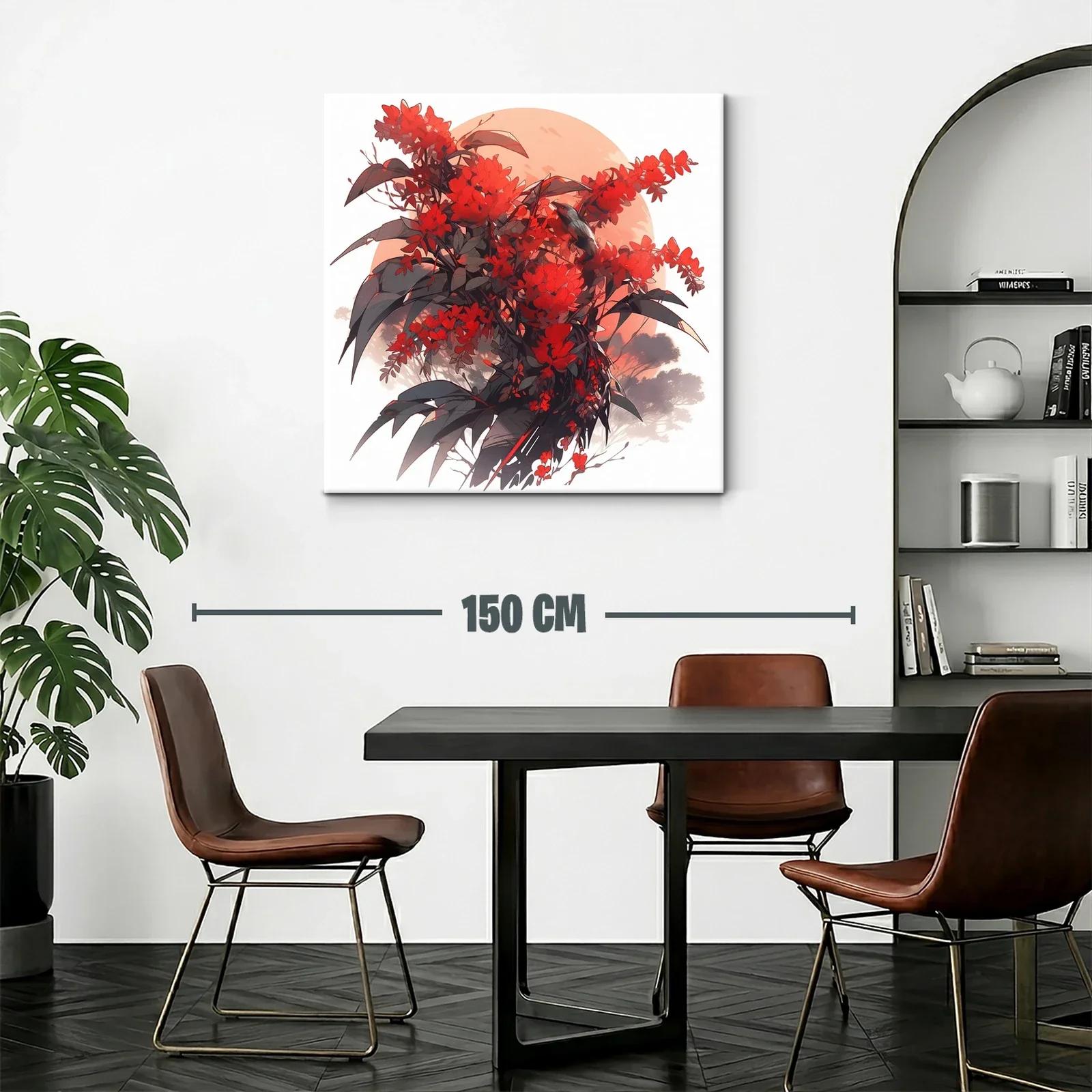 Cuadro floral con aves en tonos rojizos y contraste oscuro — miniatura 2