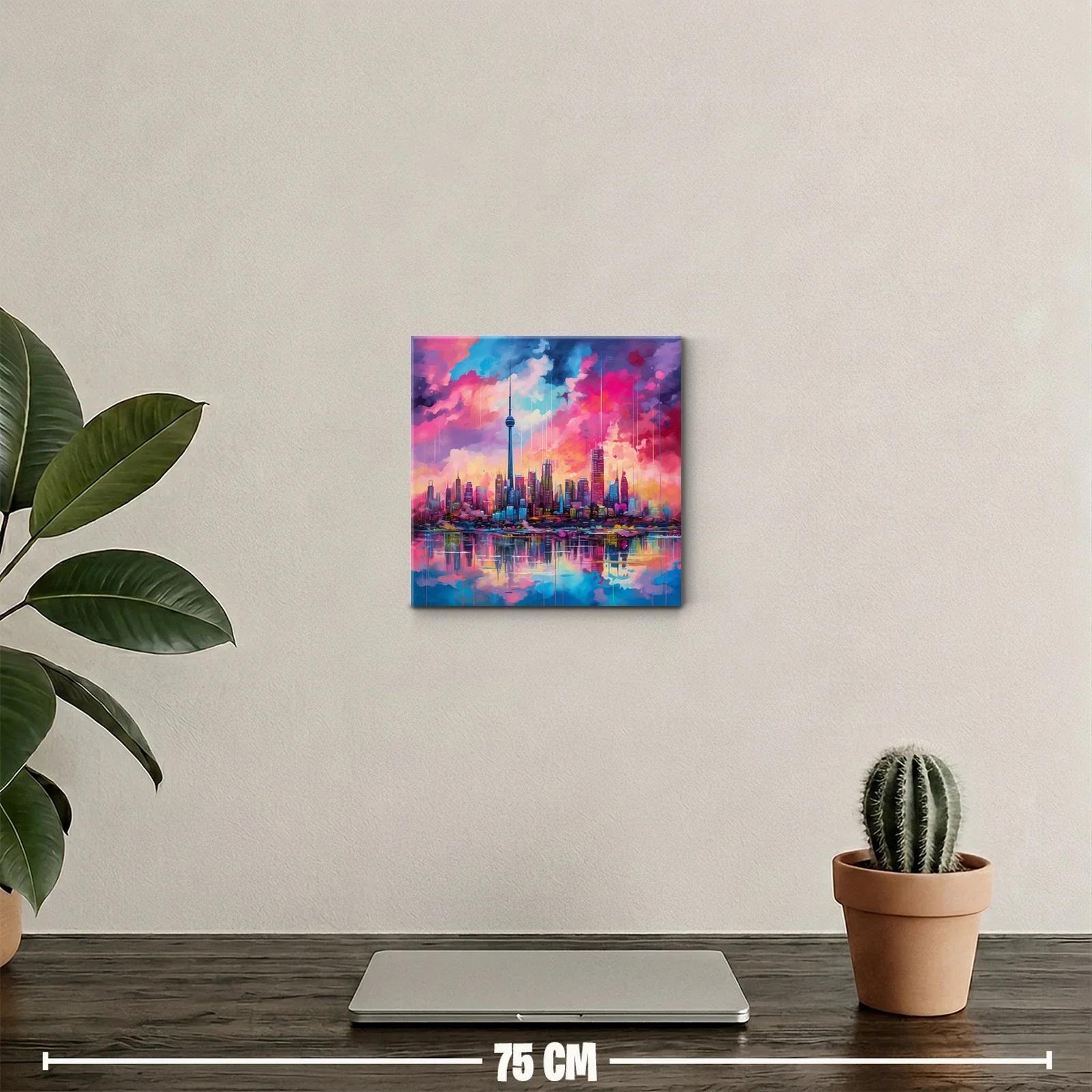 Atardecer vibrante sobre ciudad moderna y reflejos en agua — miniatura 2