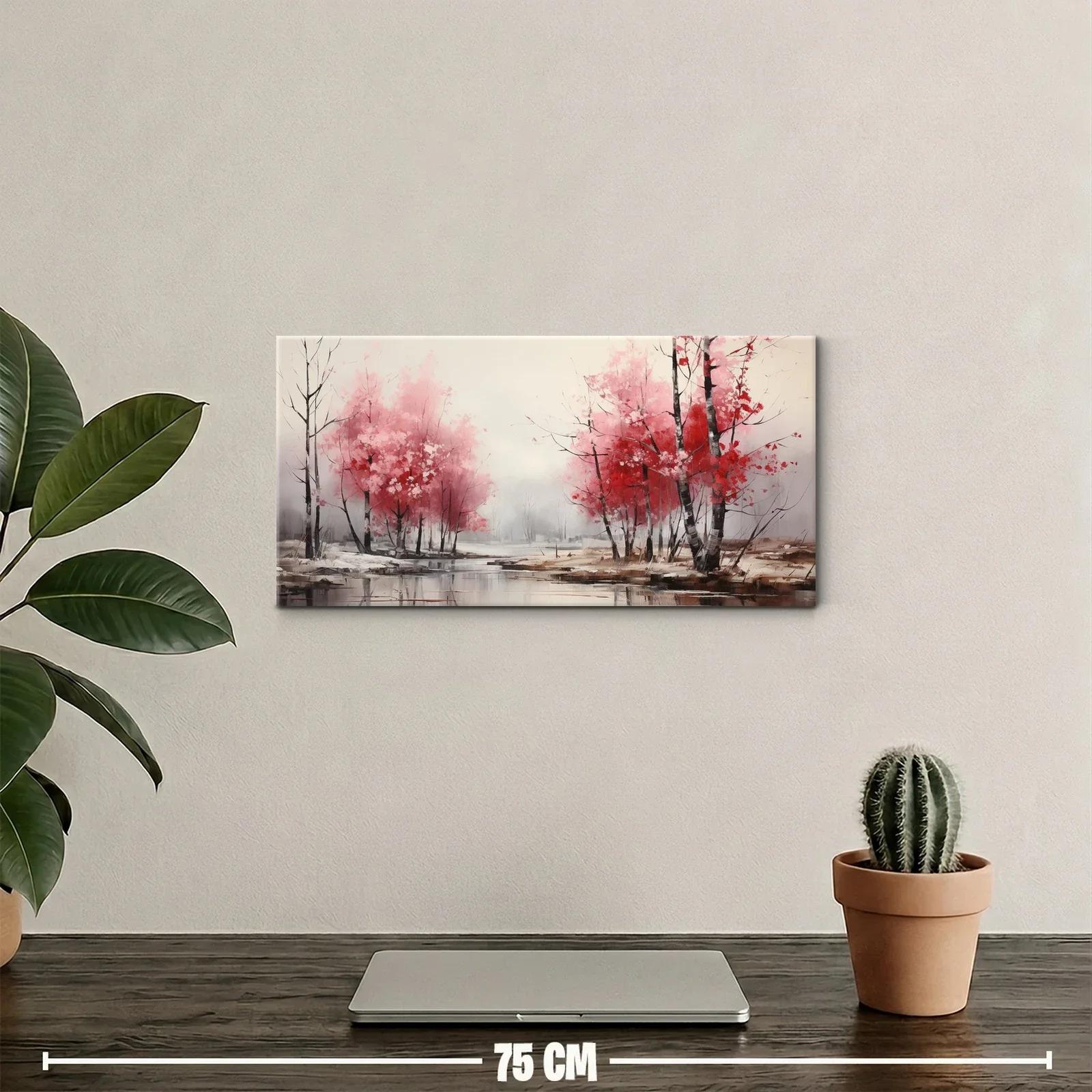 Cuadro árboles rosados junto al agua con bruma — miniatura 2