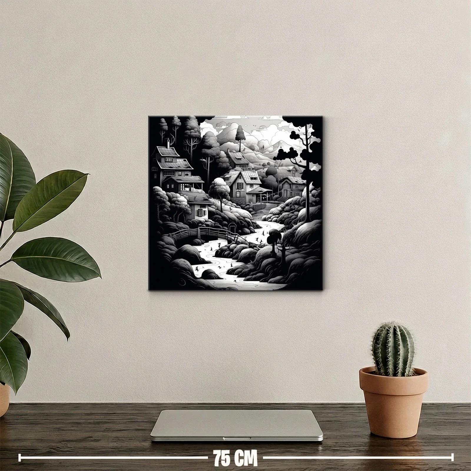 Paisaje rural en blanco y negro con casas y río serpenteante — miniatura 2