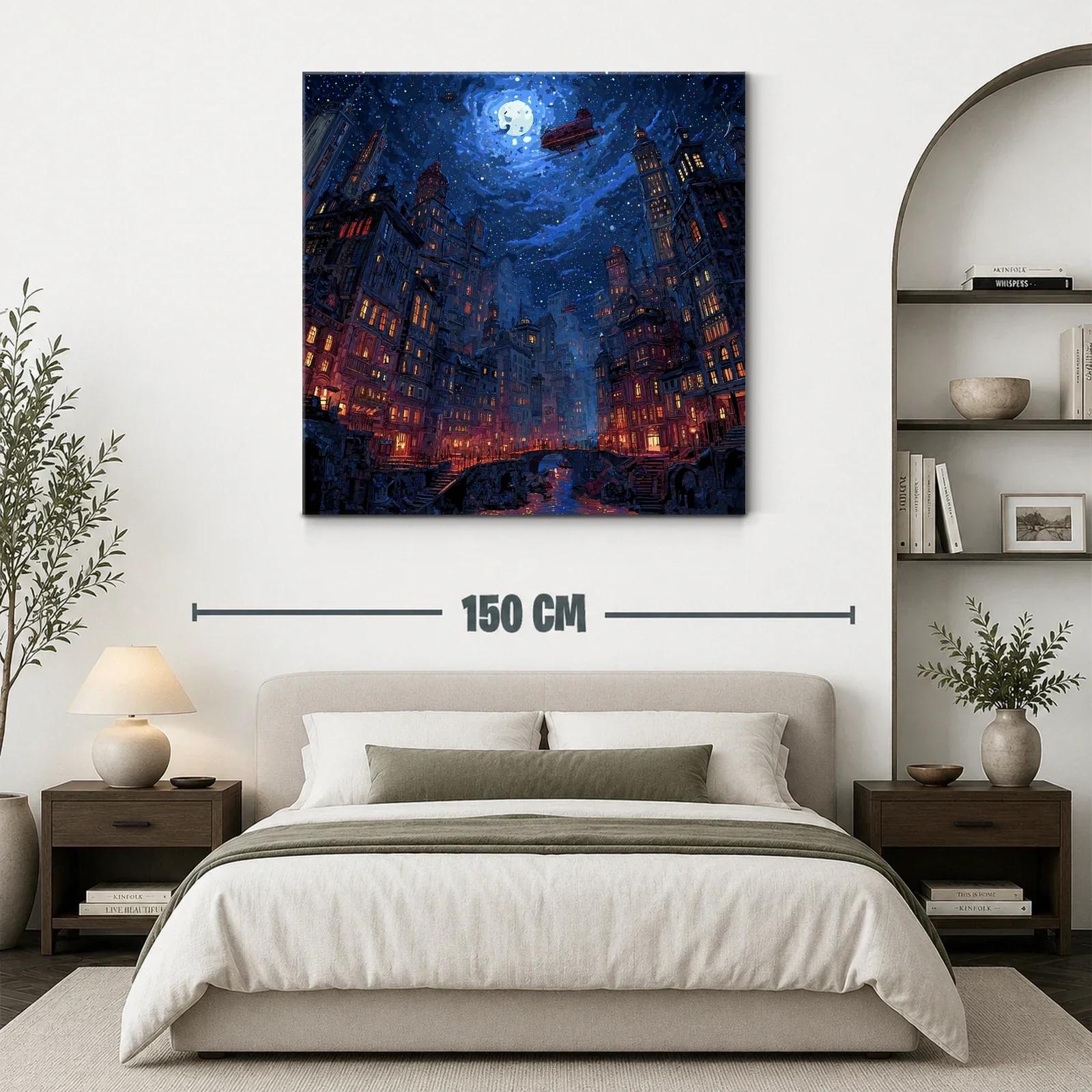 Ciudad nocturna bajo un cielo estrellado y luna llena — miniatura 3