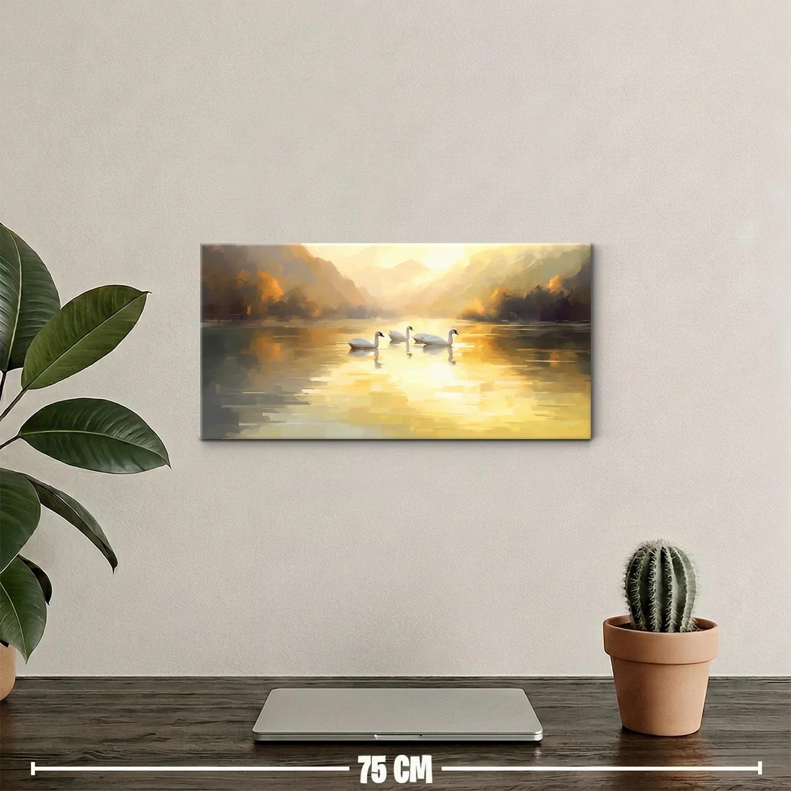 Cuadro cisnes blancos en lago con reflejos dorados — miniatura 2