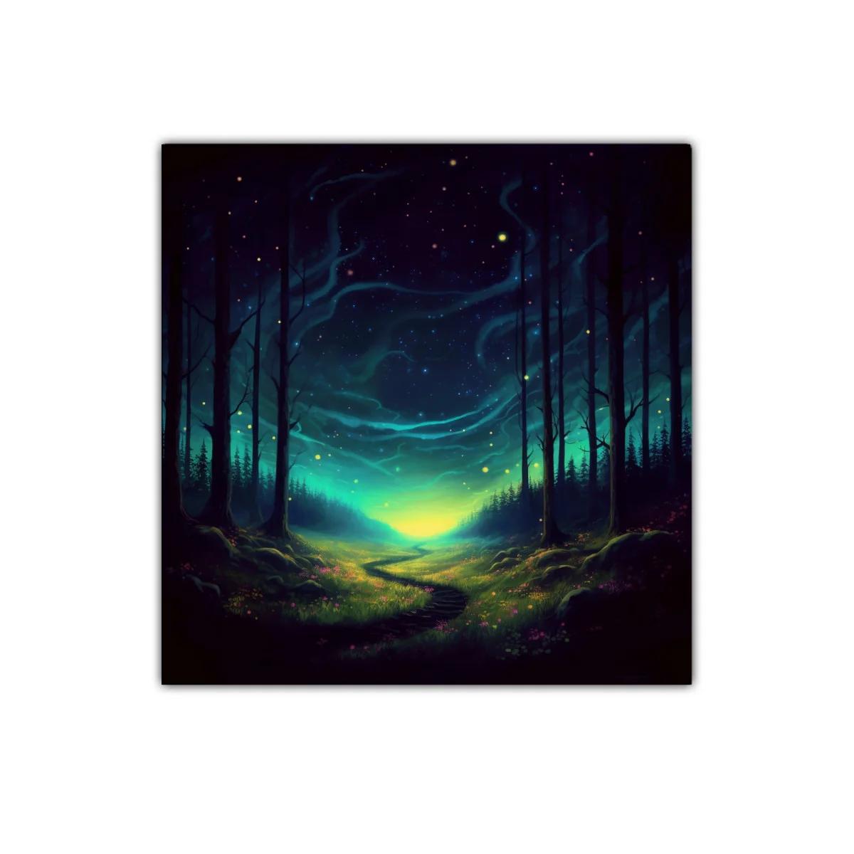 Paisaje nocturno mágico con sendero iluminado y cielo estrellado — miniatura 1