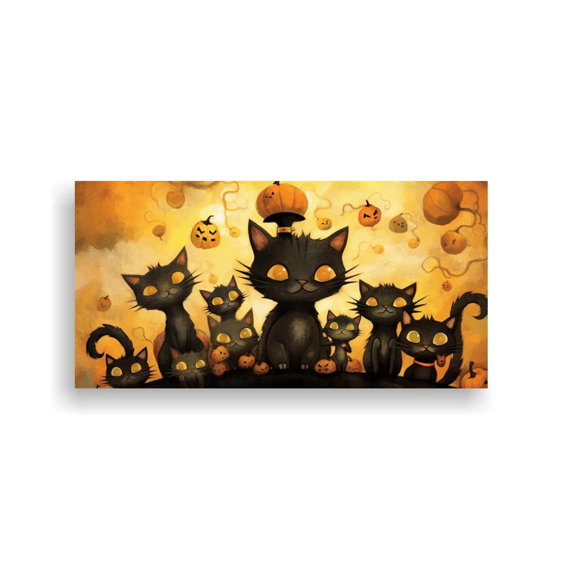 Cuadro gatos negros con calabazas y colas curvadas — imagen principal