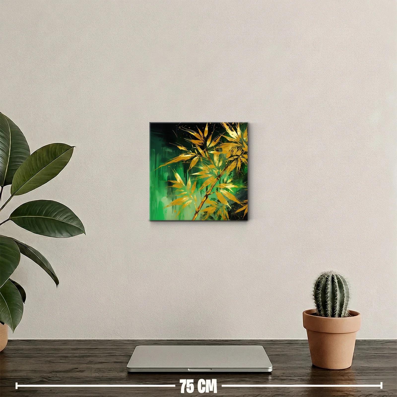 Cuadro decorativo con ramas doradas sobre fondo verde intenso — miniatura 2