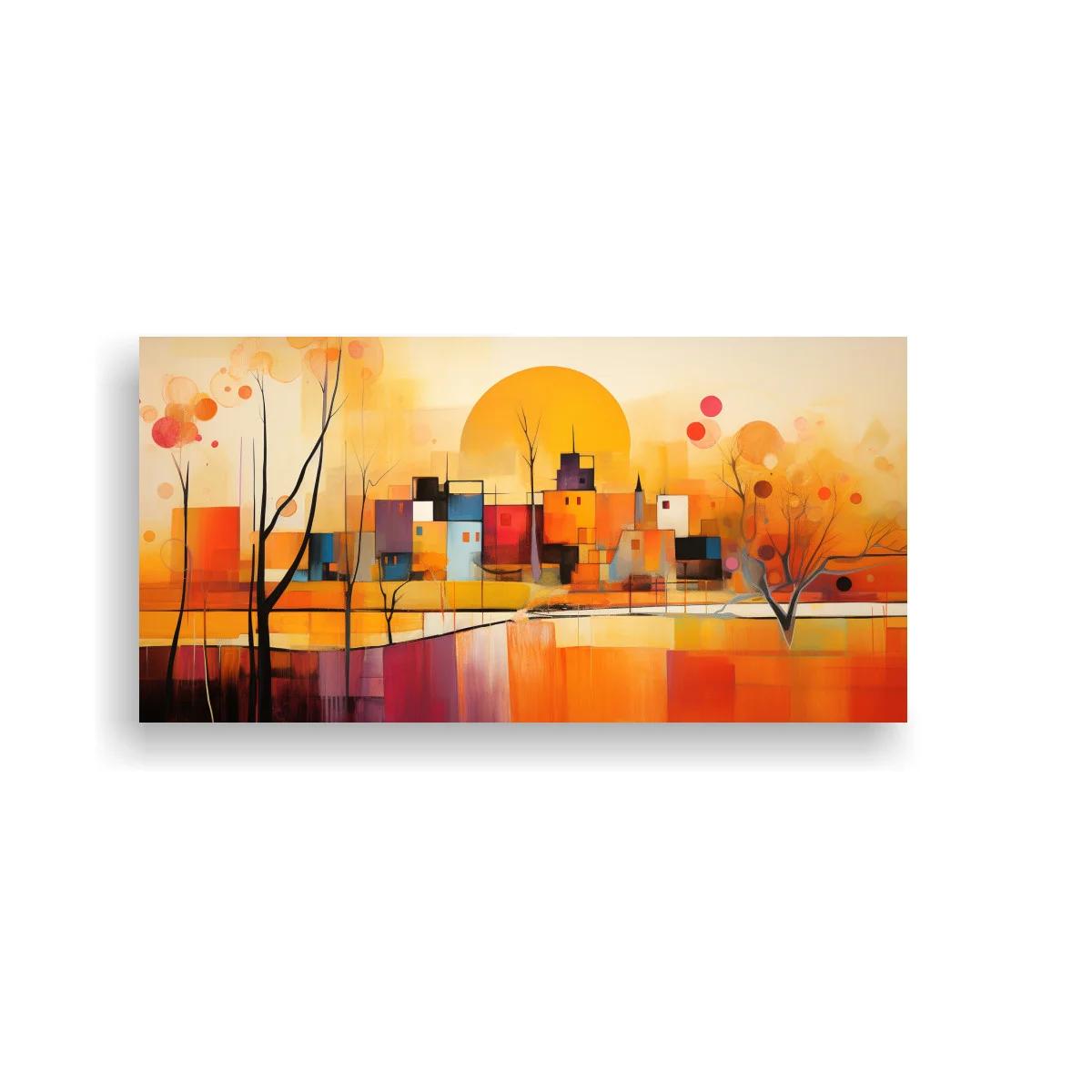 Cuadro paisaje urbano abstracto con gran sol y reflejos amplios — imagen principal