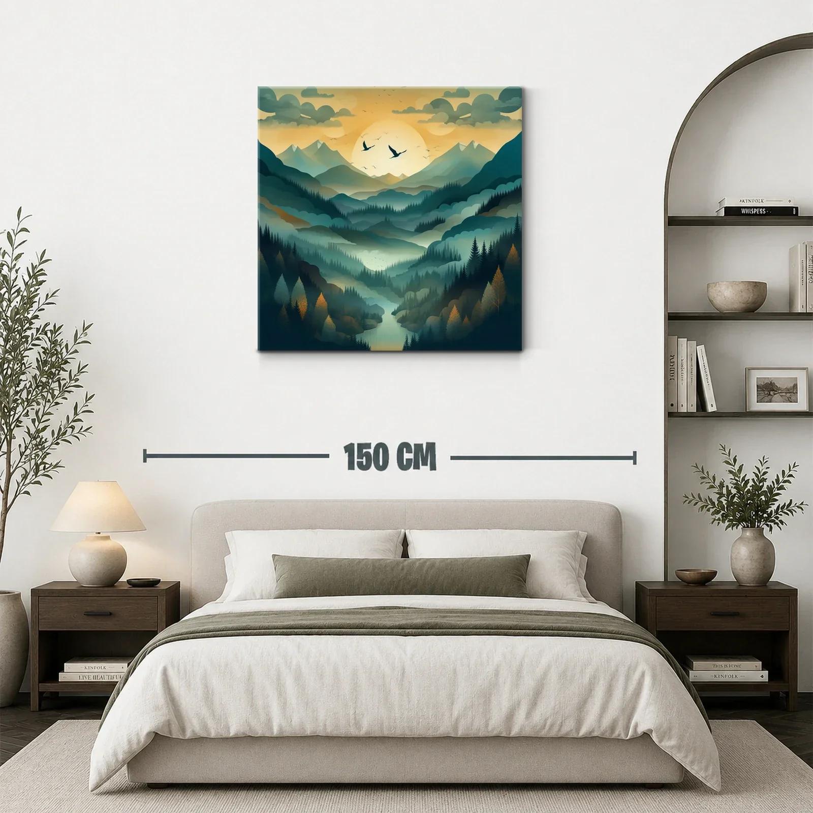 Paisaje de montañas con amanecer y vuelo de aves — miniatura 3
