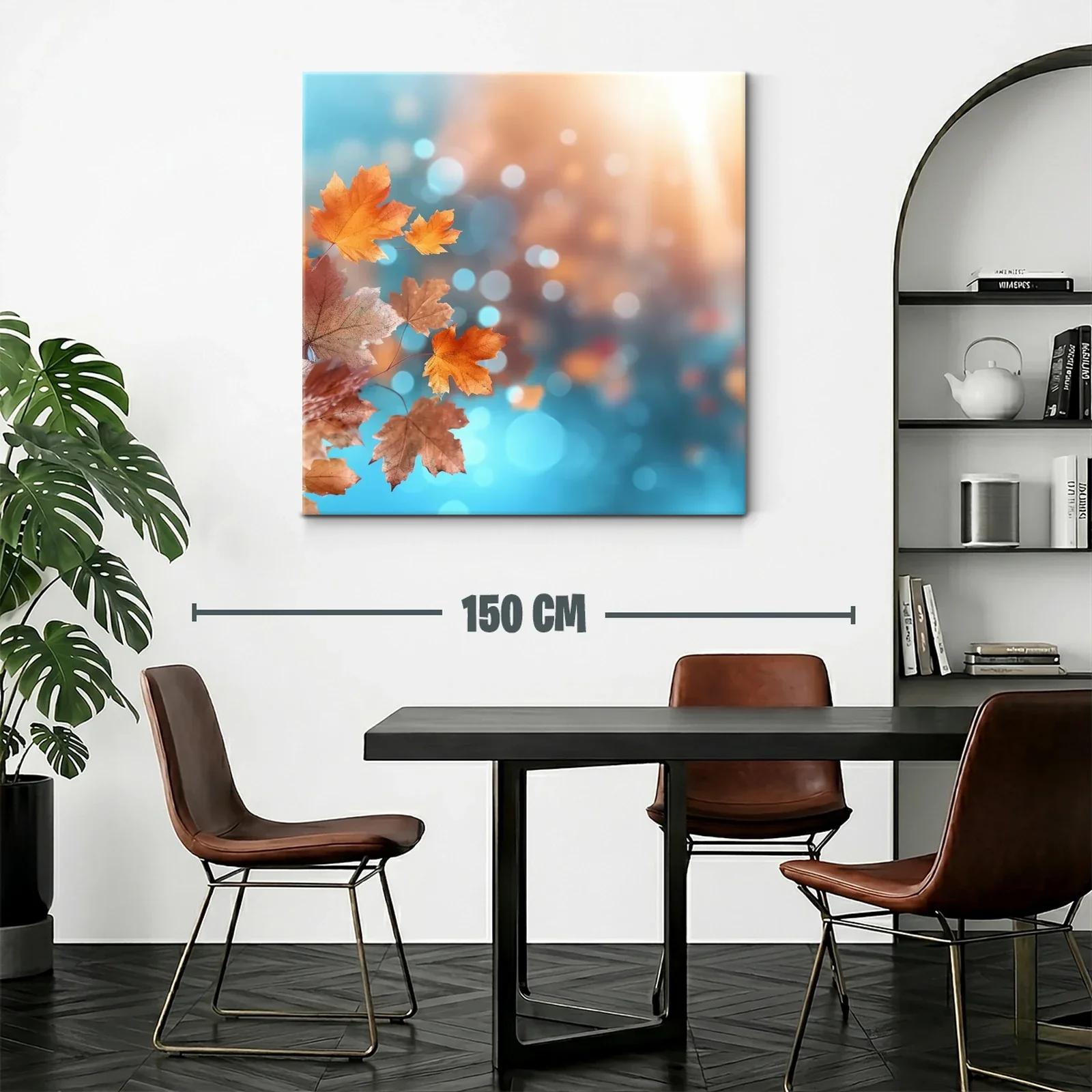 Cuadro con hojas de otoño en tonos cálidos y azul brillante — miniatura 2