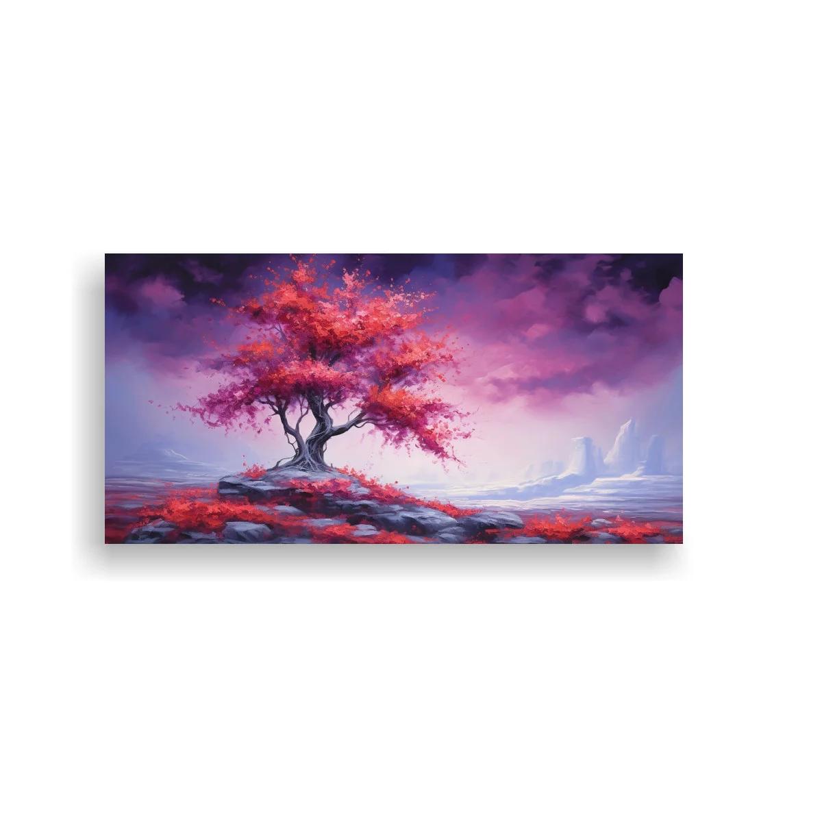 Cuadro árbol rosa solitario sobre paisaje rocoso — imagen principal
