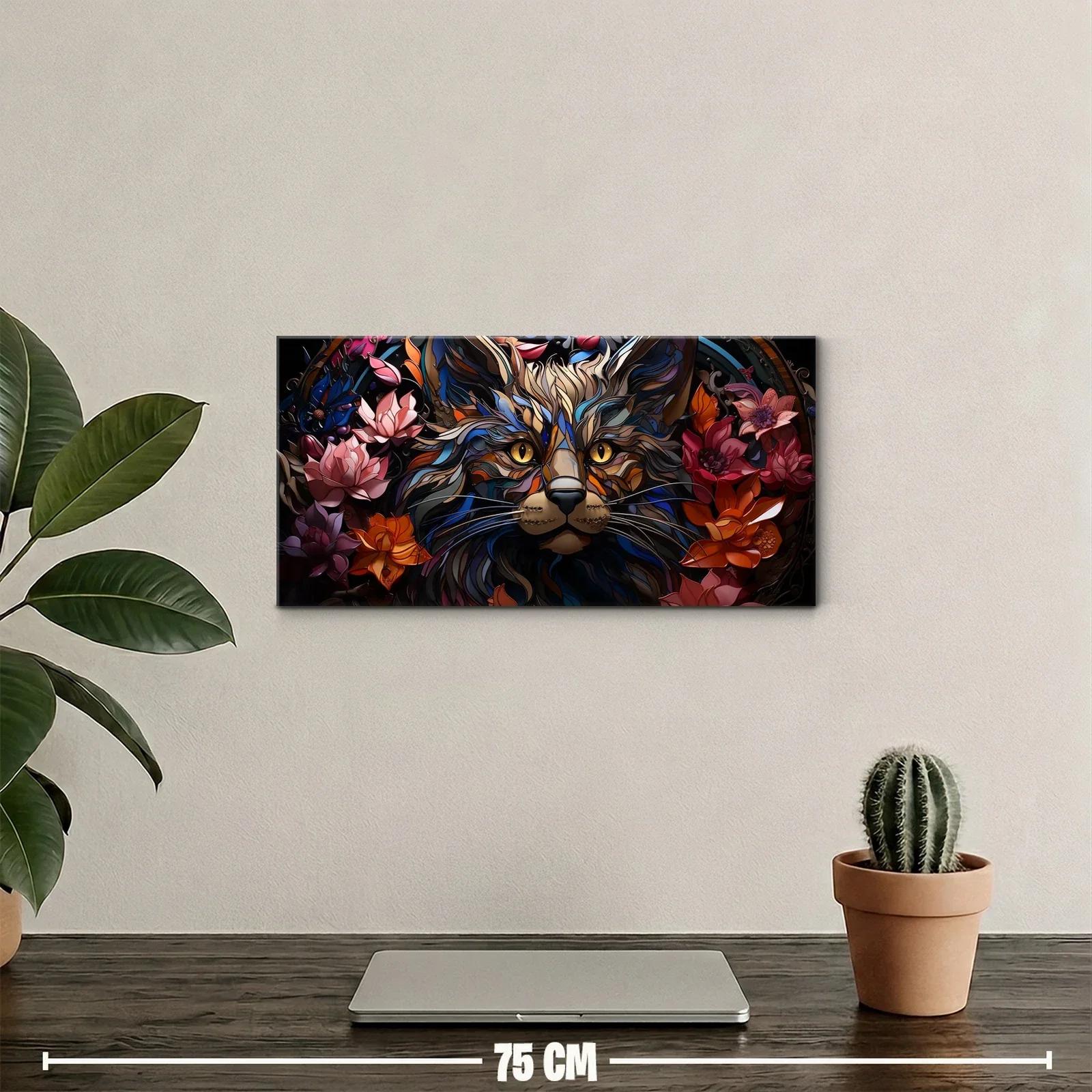 Cuadro león con melena azul y flores en marco circular — miniatura 2