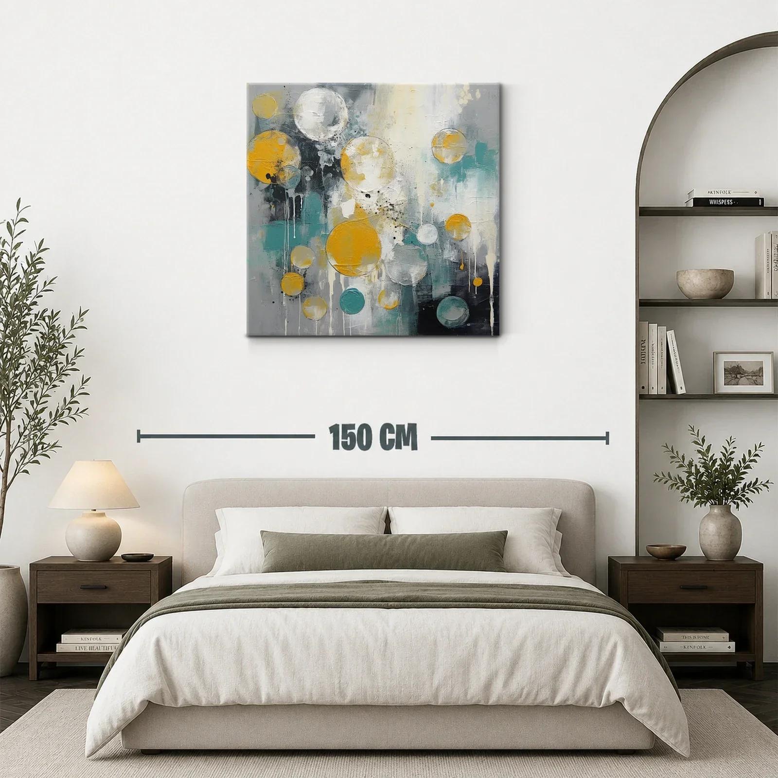 Cuadro abstracto con esferas doradas y tonos azulados — miniatura 3