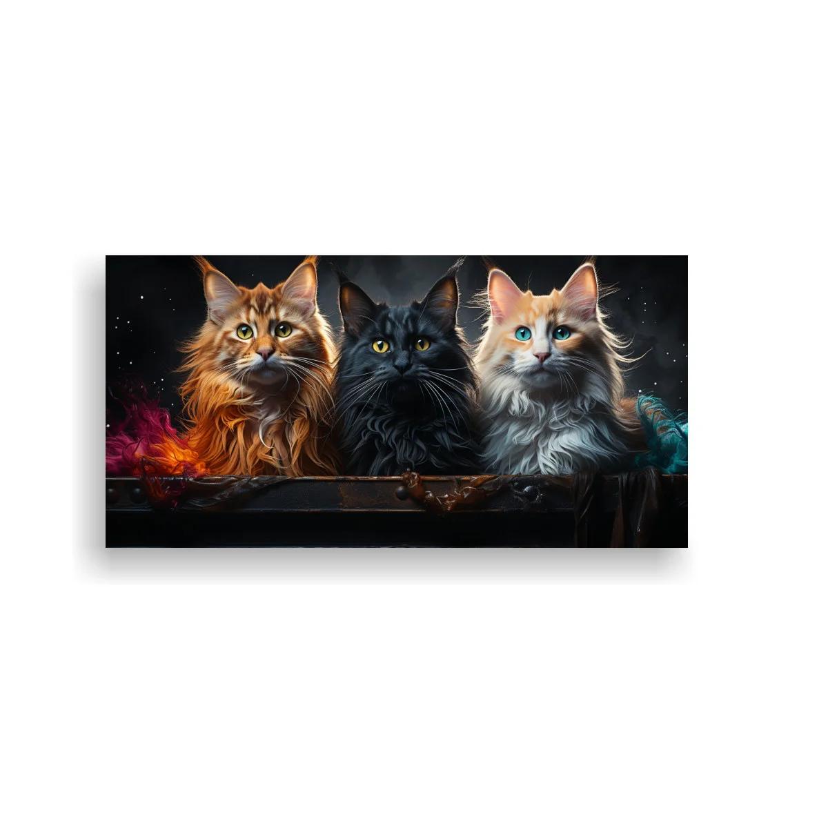 Cuadro tres gatos de pelo largo con destellos turquesa y anaranjados — imagen principal