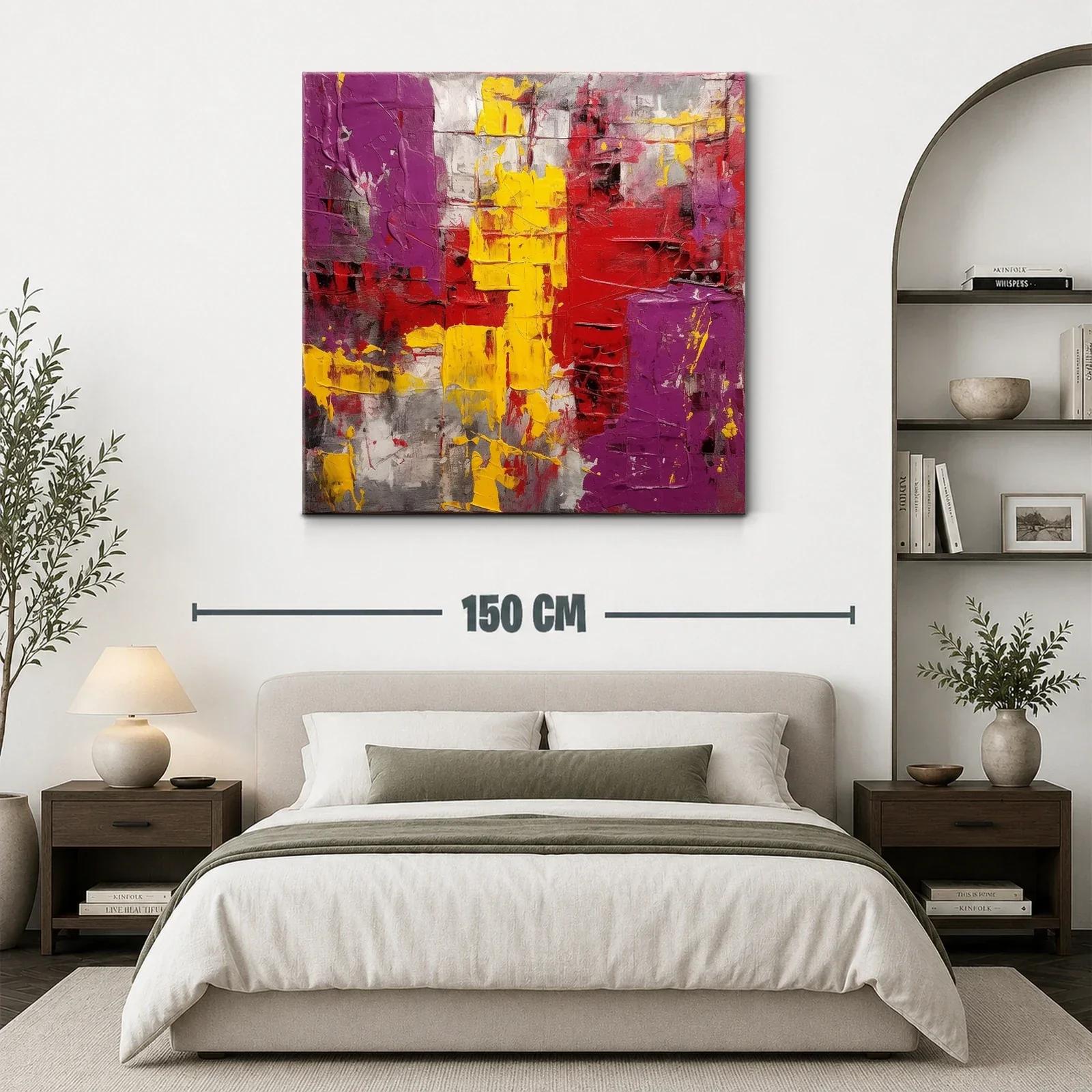 Cuadro abstracto en tonos vivos rojos amarillos y morados — miniatura 3