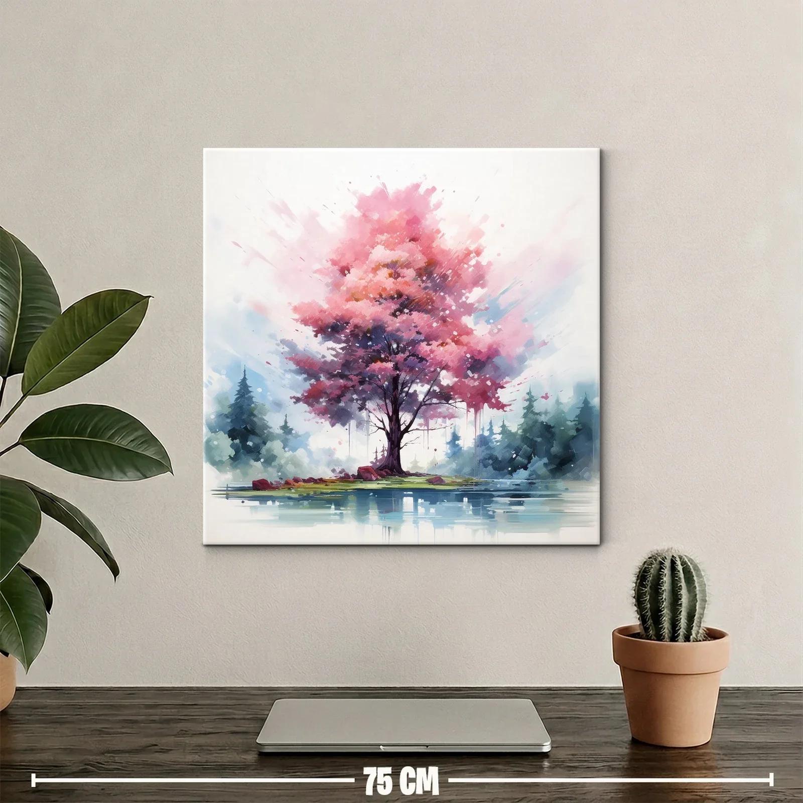 Árbol rosa vibrante junto a lago en paisaje sereno — miniatura 2