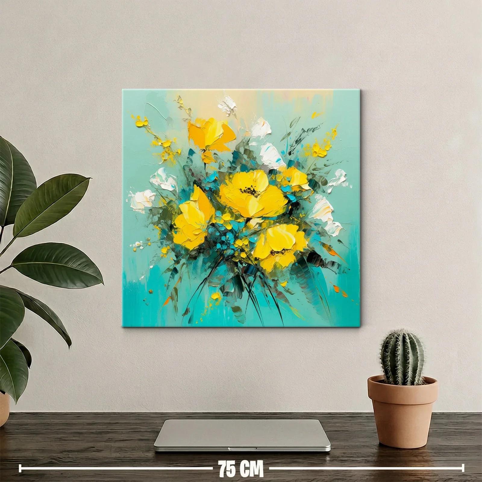 Cuadro moderno con ramo de flores amarillas y fondo turquesa — miniatura 2