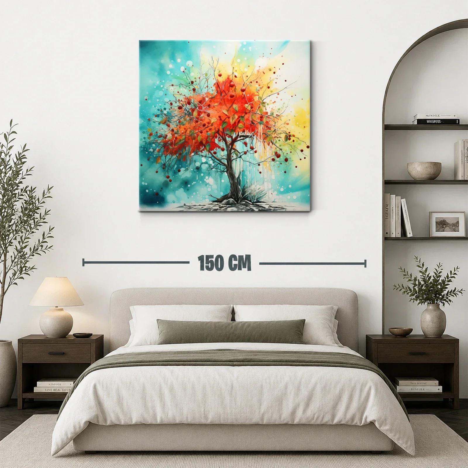 Árbol vibrante con hojas rojas en fondo azul y amarillo — miniatura 3