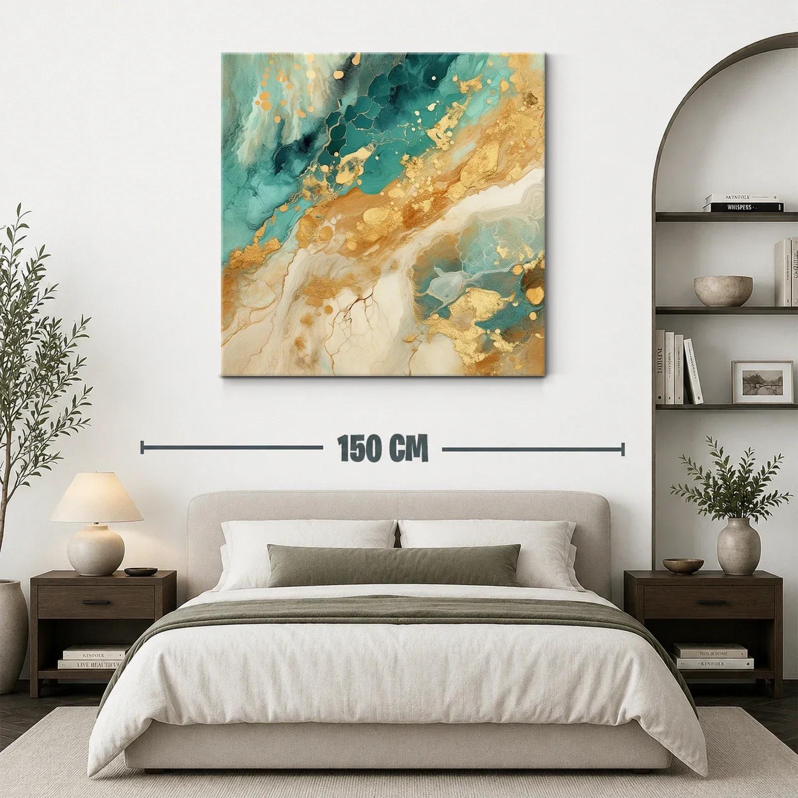 Cuadro abstracto con detalles dorados y tonos turquesa — miniatura 3