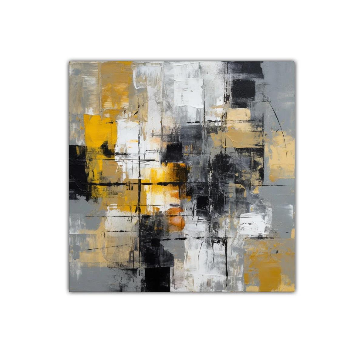 Cuadro abstracto con tonos dorados y acentos en negro y gris — miniatura 1