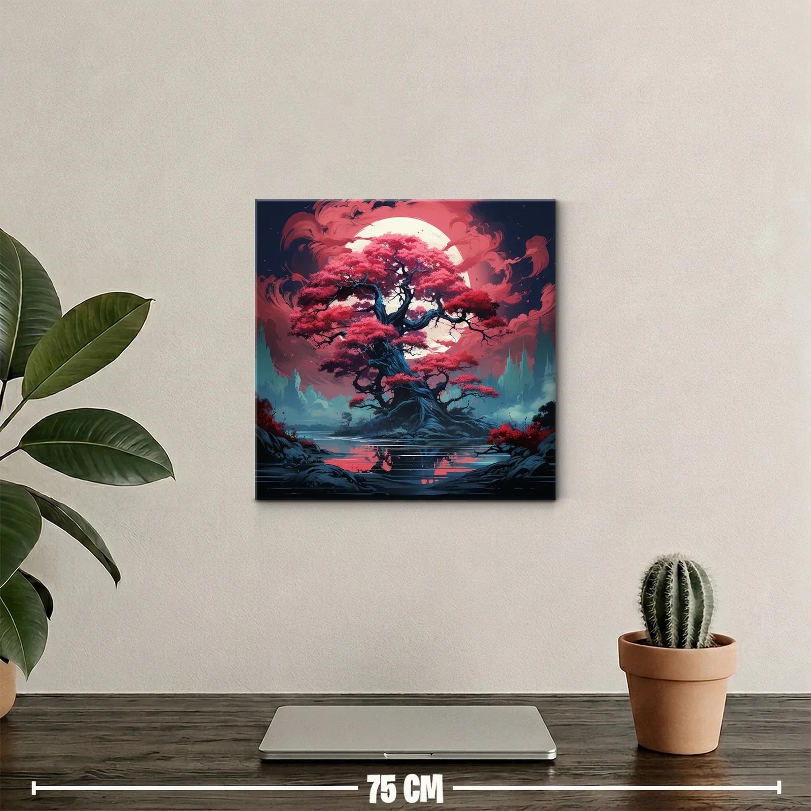 Árbol mágico con hojas rojas bajo luna llena brillante — miniatura 2