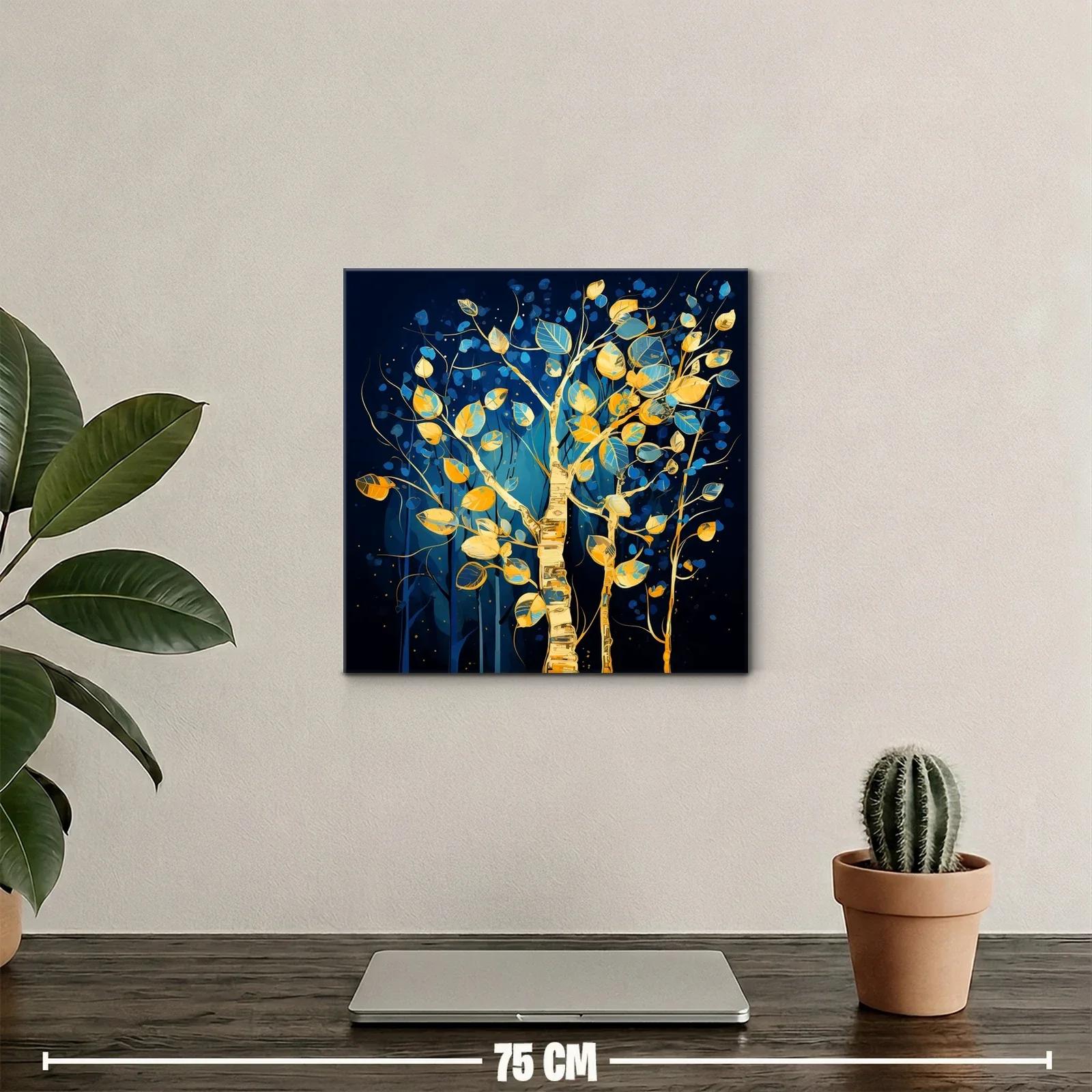 Árbol dorado con hojas azules y amarillas sobre fondo oscuro — miniatura 2