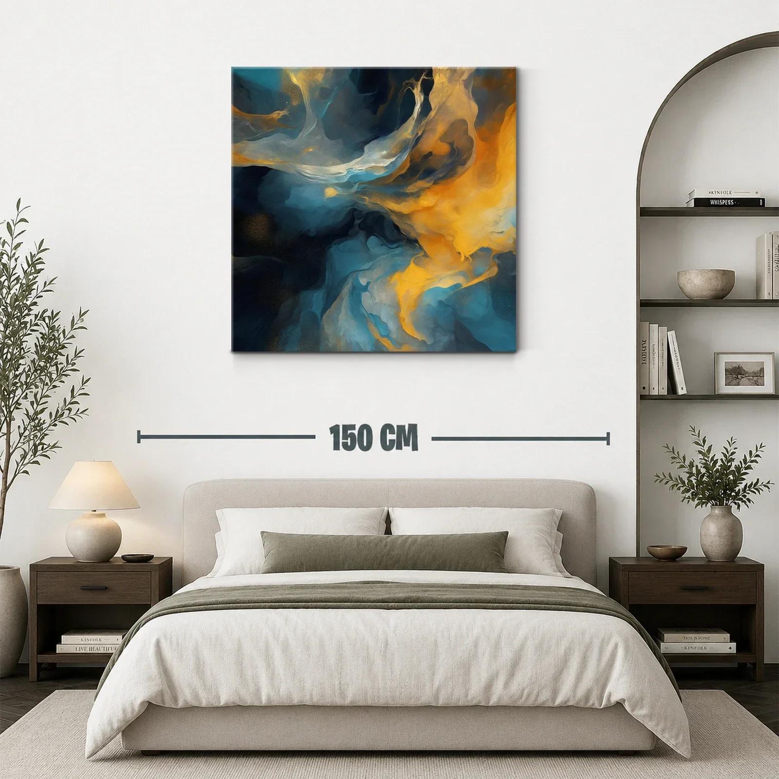 Cuadro abstracto con tonos azules y dorados vibrantes — miniatura 3