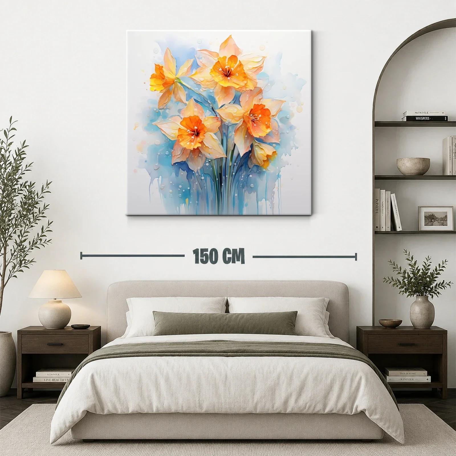 Cuadro floral con narcisos en tonos cálidos y azules suaves — miniatura 3