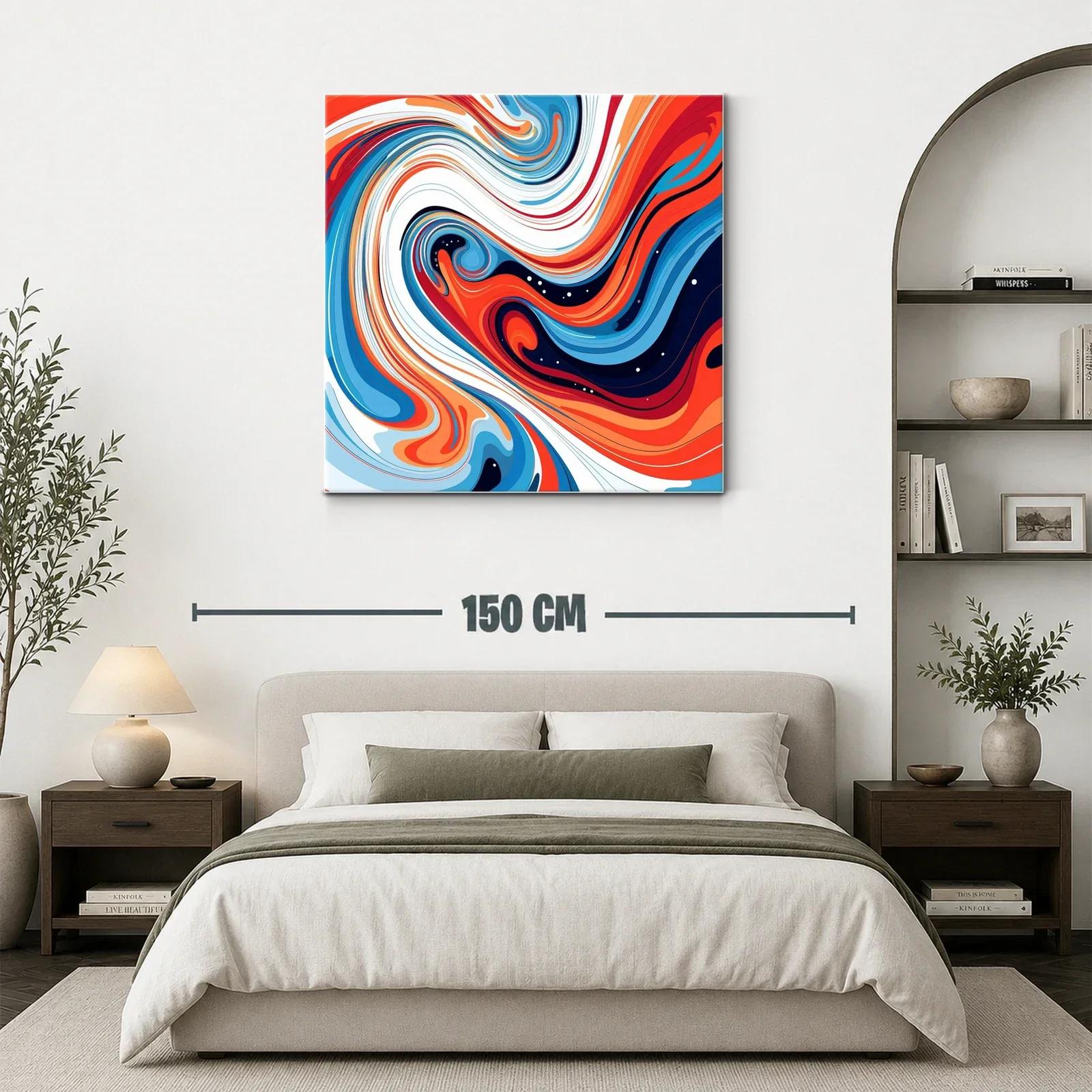 Cuadro abstracto con remolinos en tonos azul y naranja vivo — miniatura 3