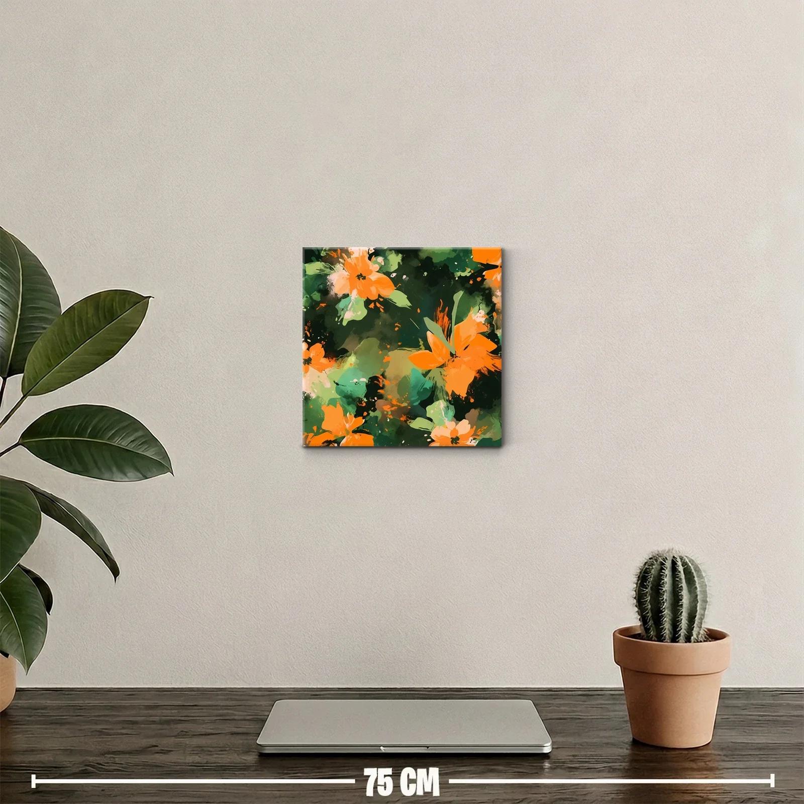 Cuadro abstracto con flores naranja y fondo verde oscuro — miniatura 2