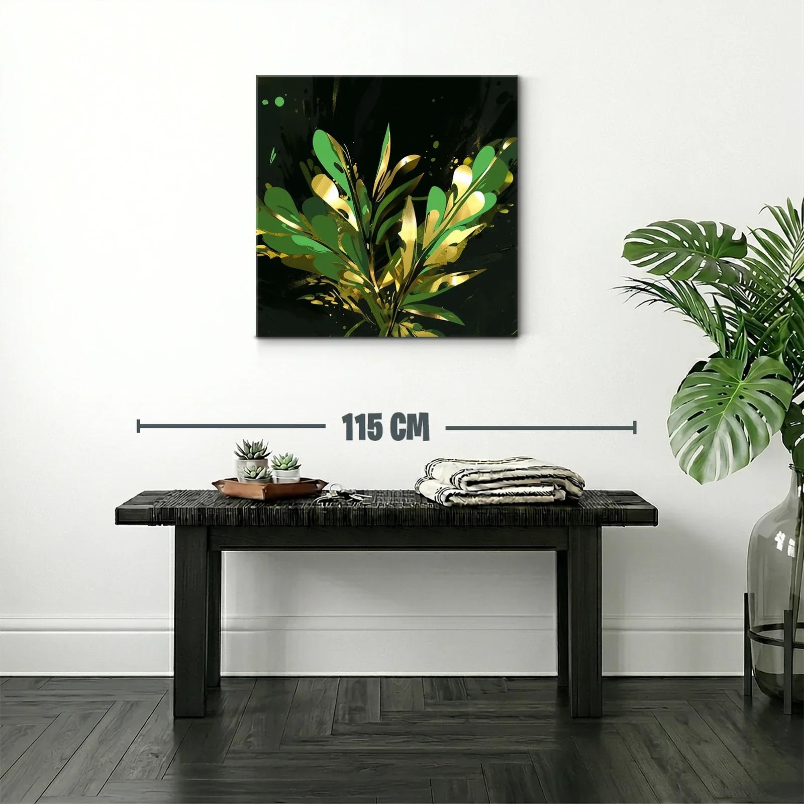 Cuadro abstracto con motivos vegetales dorados y verdes — miniatura 2