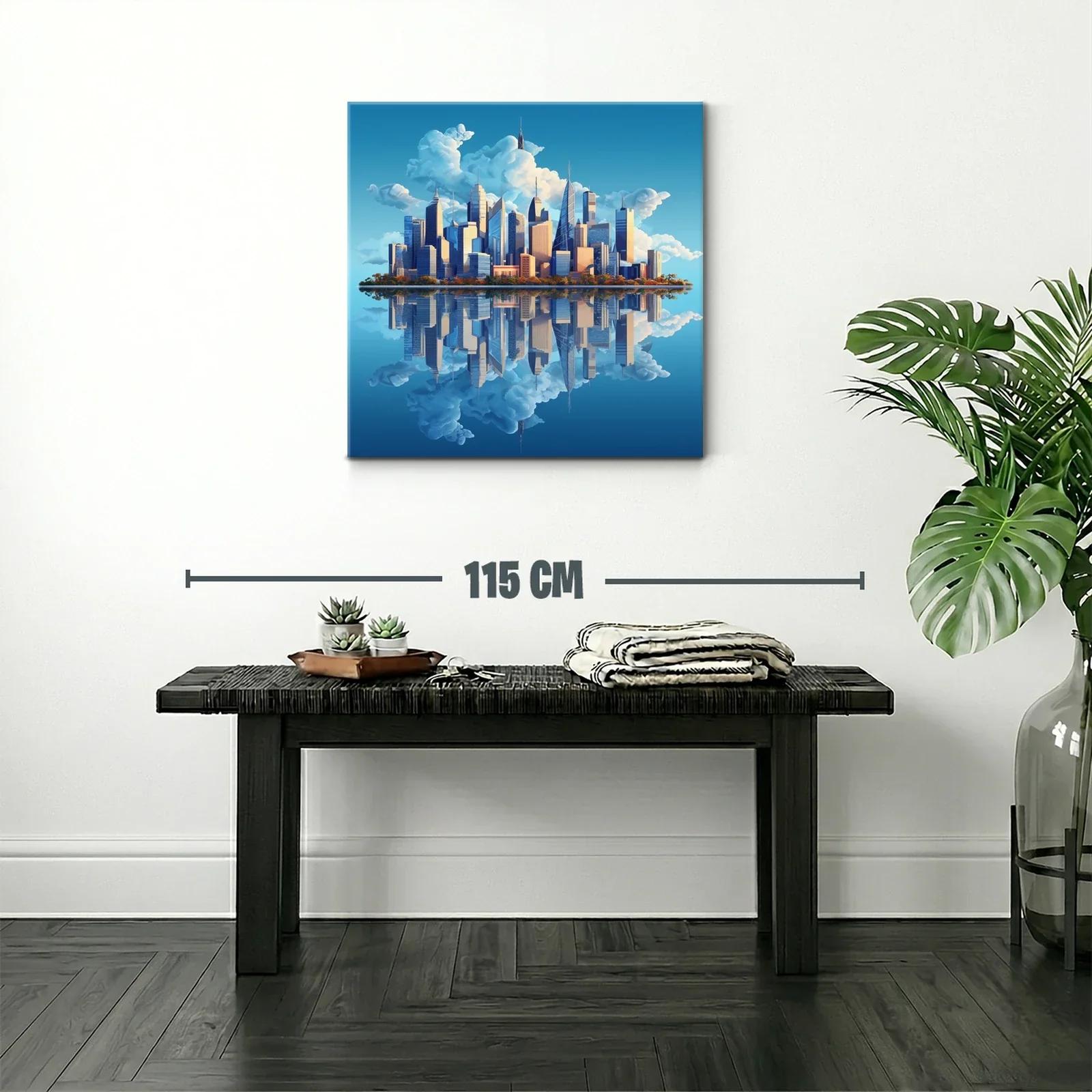 Horizonte urbano con reflejo sereno y cielo despejado — miniatura 2