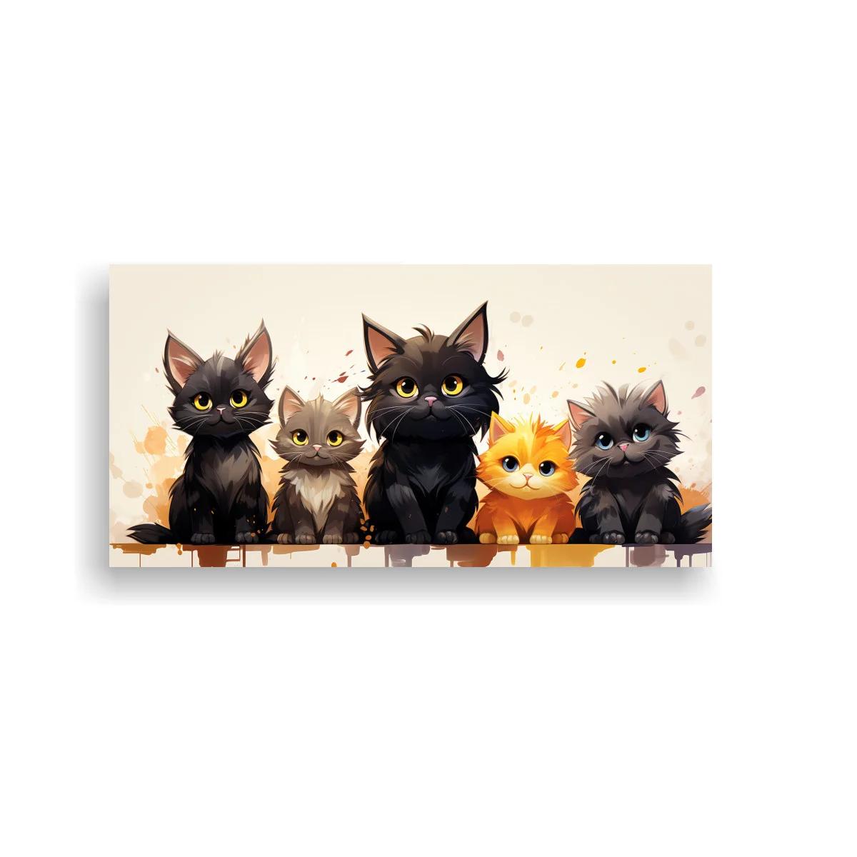 Cuadro grupo de cinco gatos con gato negro destacado — imagen principal