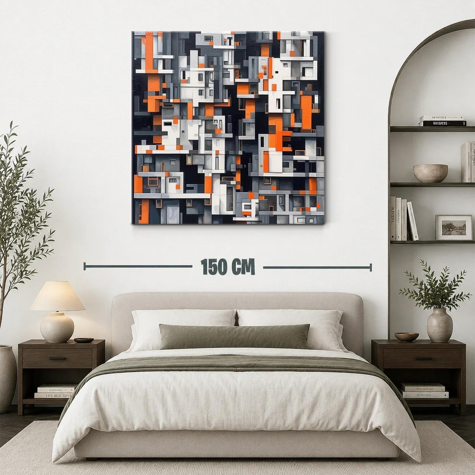 Cuadro abstracto con diseño geométrico en tonos naranja y gris — miniatura 3