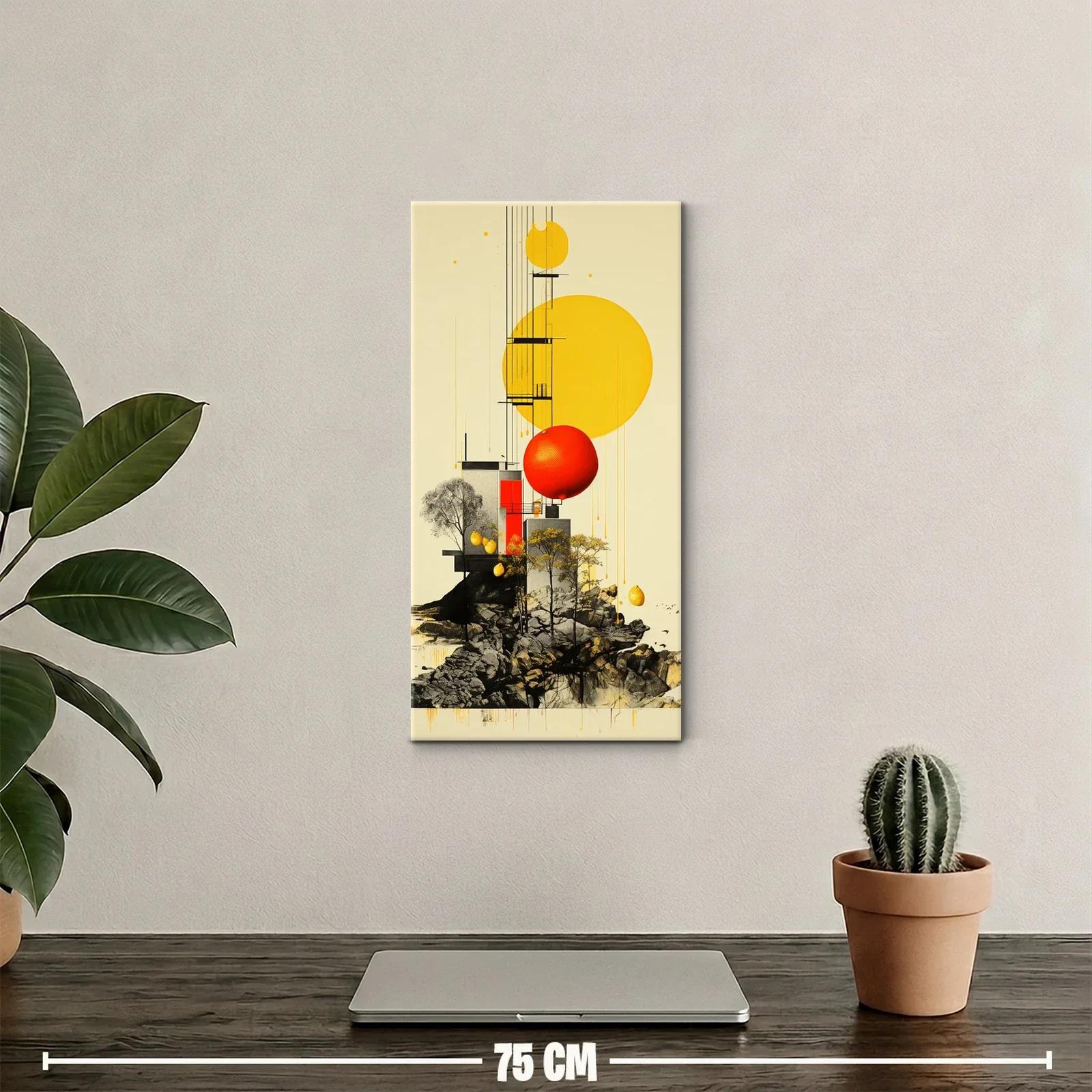 Cuadro sol rojo sobre paisaje rocoso con discos dorados — miniatura 2